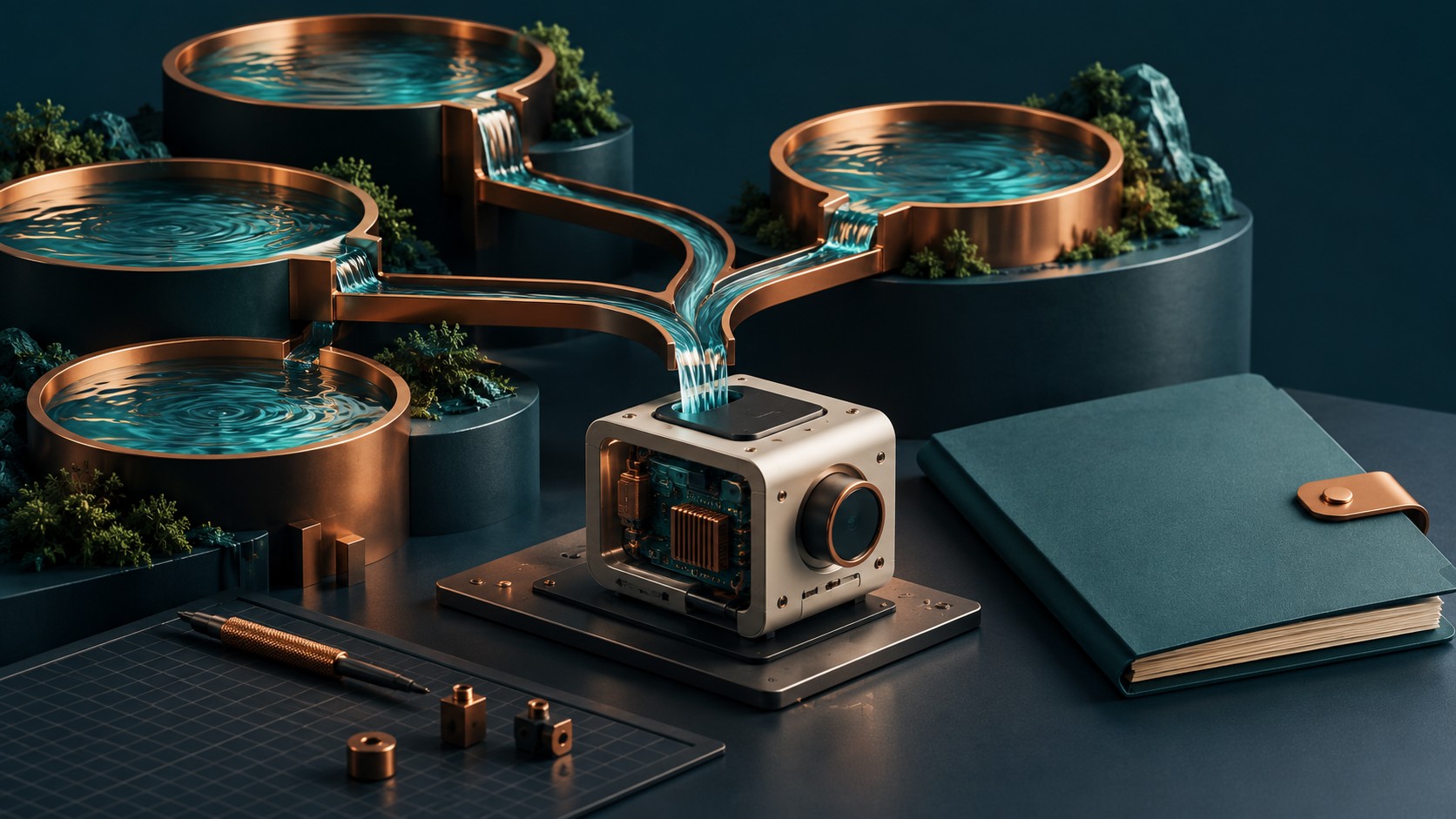 Editorial illustration of connected investment pools supporting a small technology prototype; a conceptual scene.