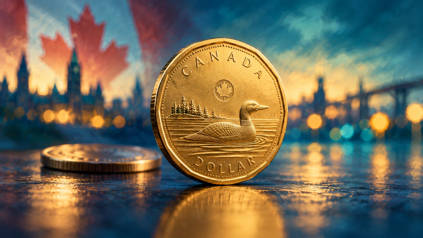 Editorial illustration of a Canadian dollar coin and abstract market backdrop