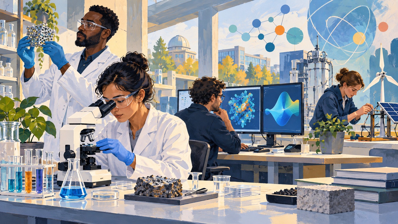 Editorial illustration of research equipment and university workspaces