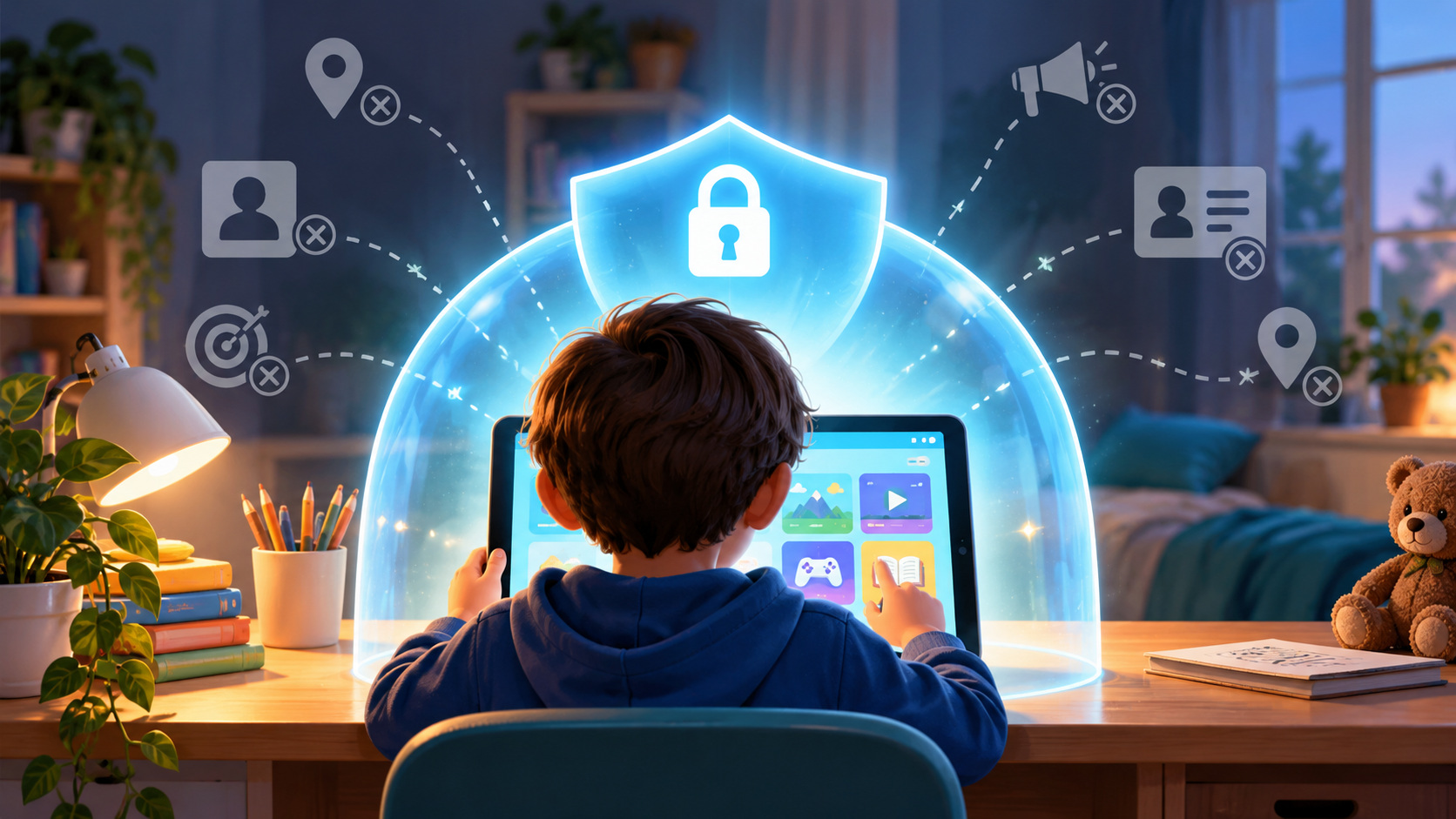 Editorial illustration of a young person’s tablet protected by a shield, representing digital privacy