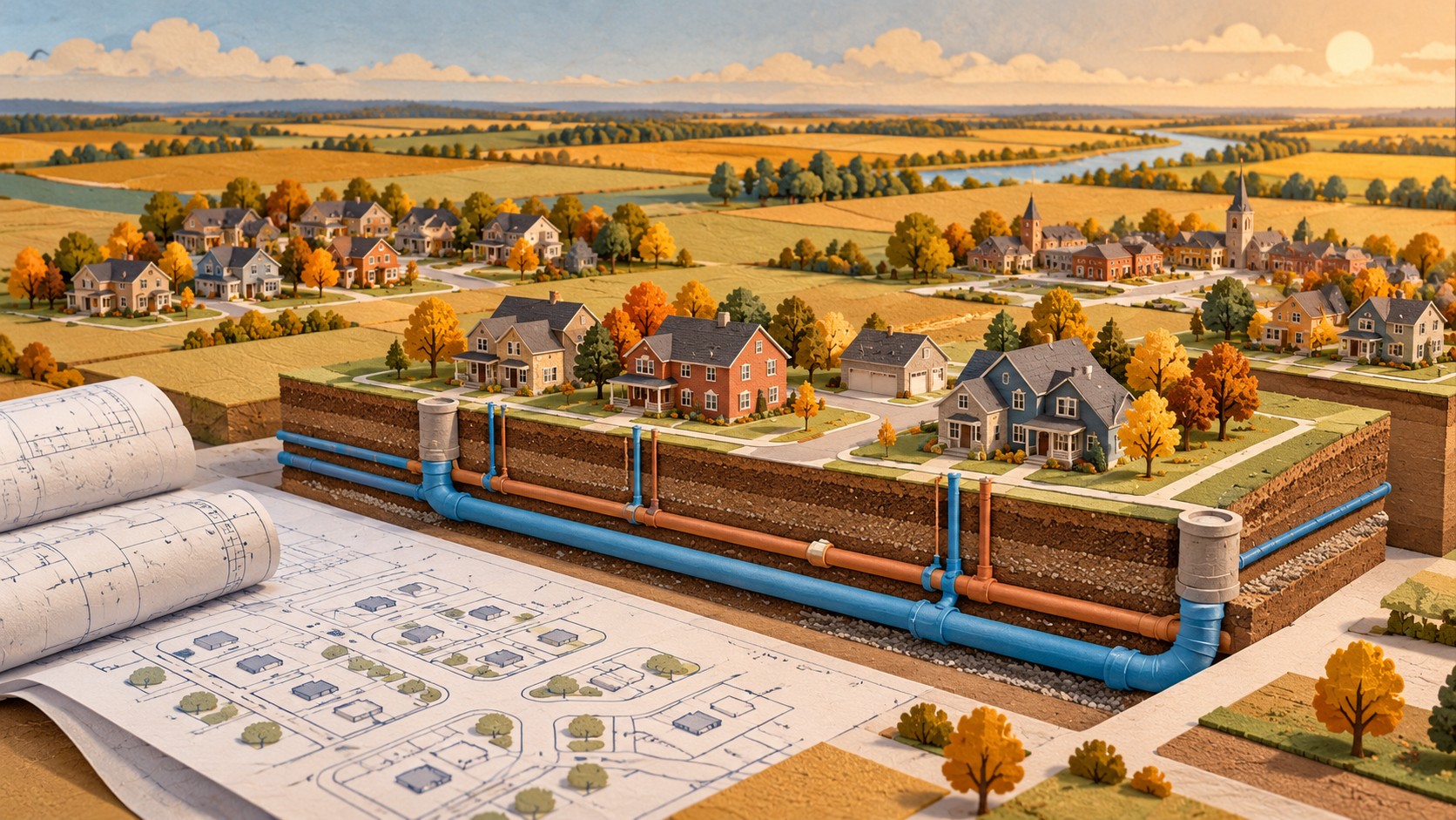 Editorial illustration of municipal housing plans and sewer connections across an Essex County community.