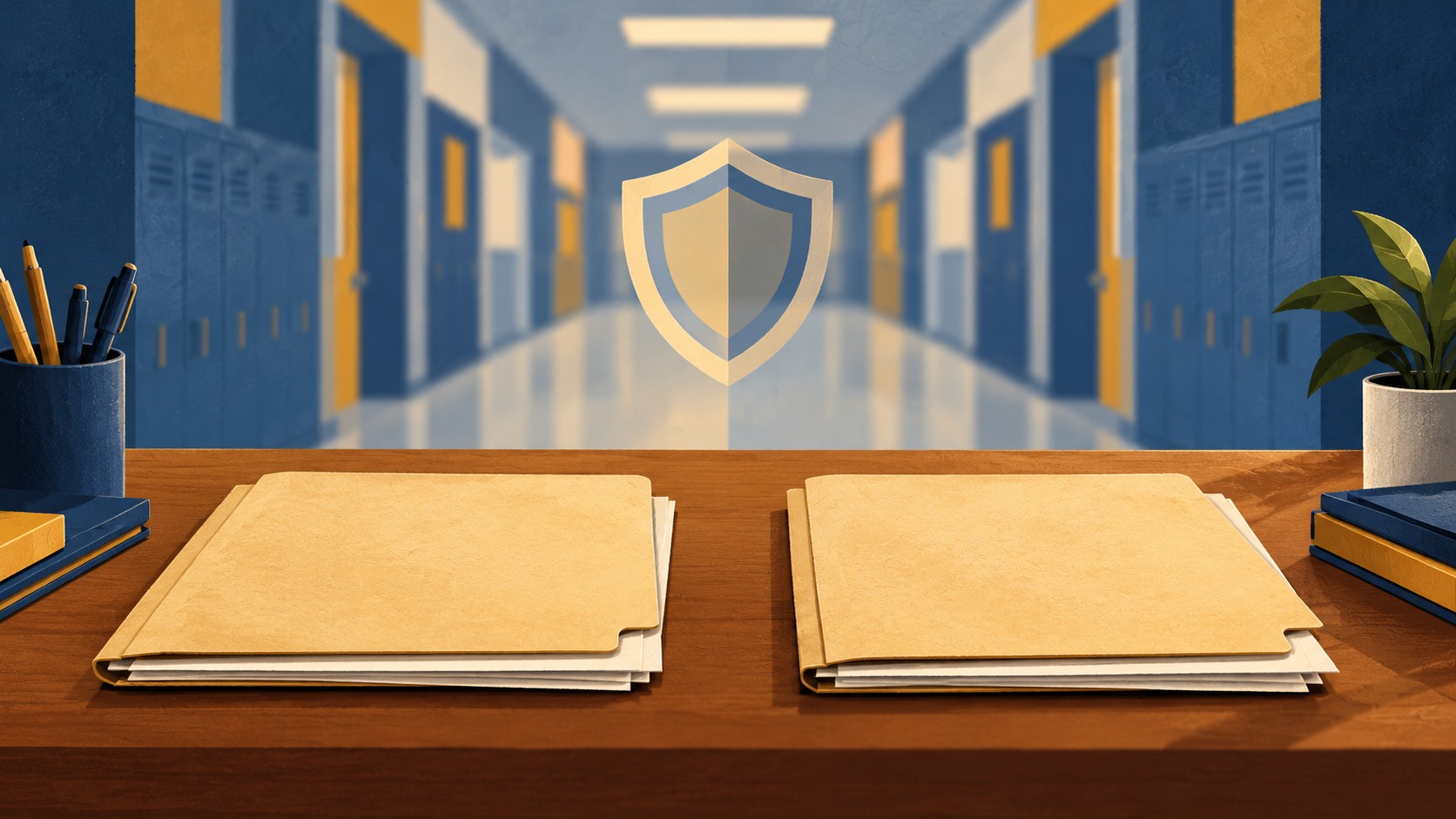 Editorial illustration of two separate school-safety incident files beside an empty conceptual school corridor; no actual people or location shown.
