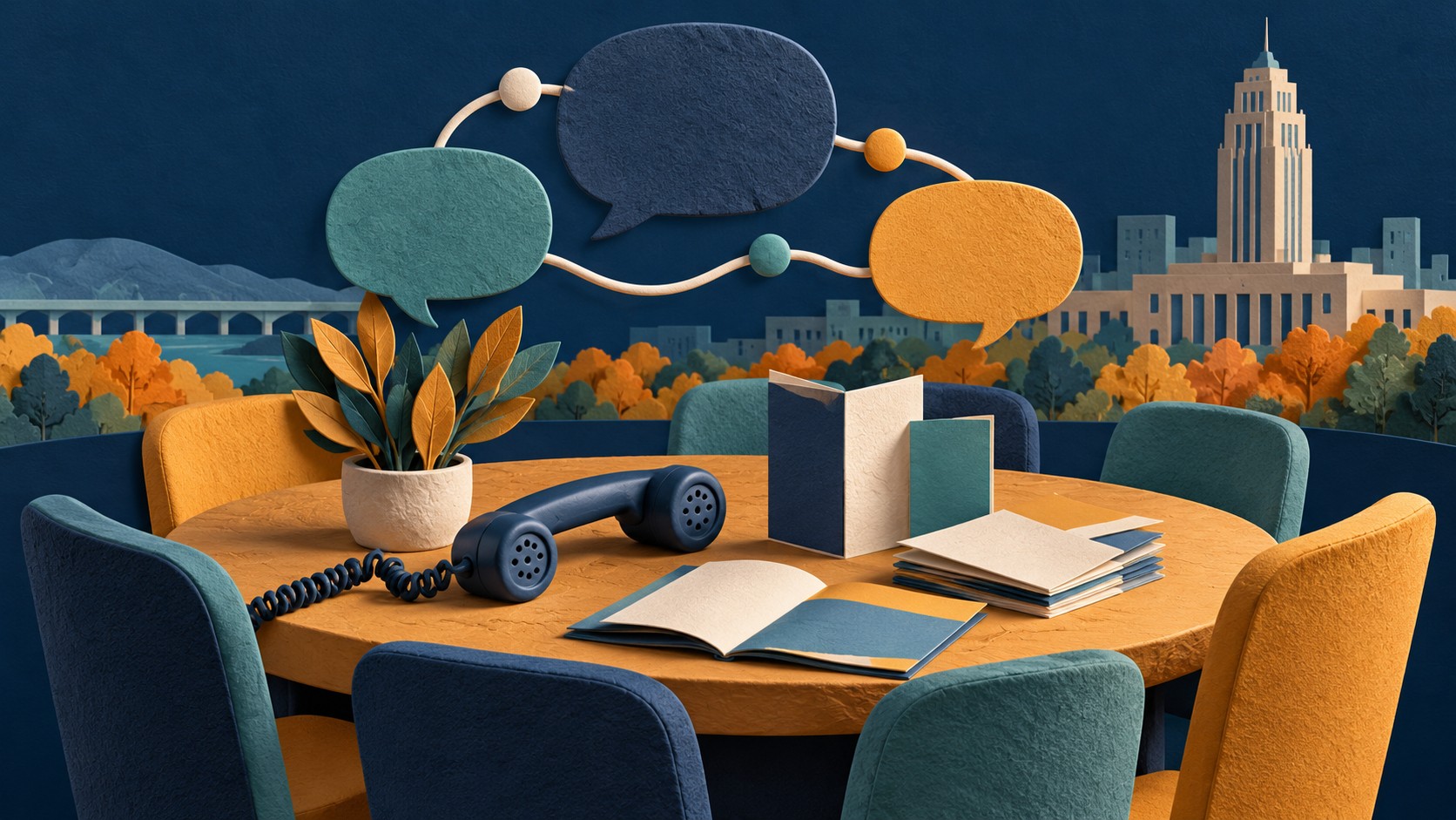 Editorial illustration of connected community support and reporting resources; a conceptual scene, not the launch event.