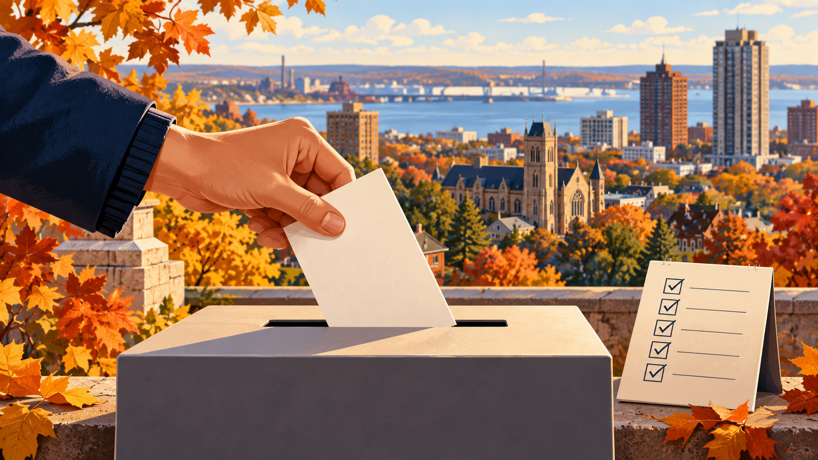 Editorial illustration of a hand placing an unmarked ballot into a box beside a checklist, with an autumn cityscape behind it.