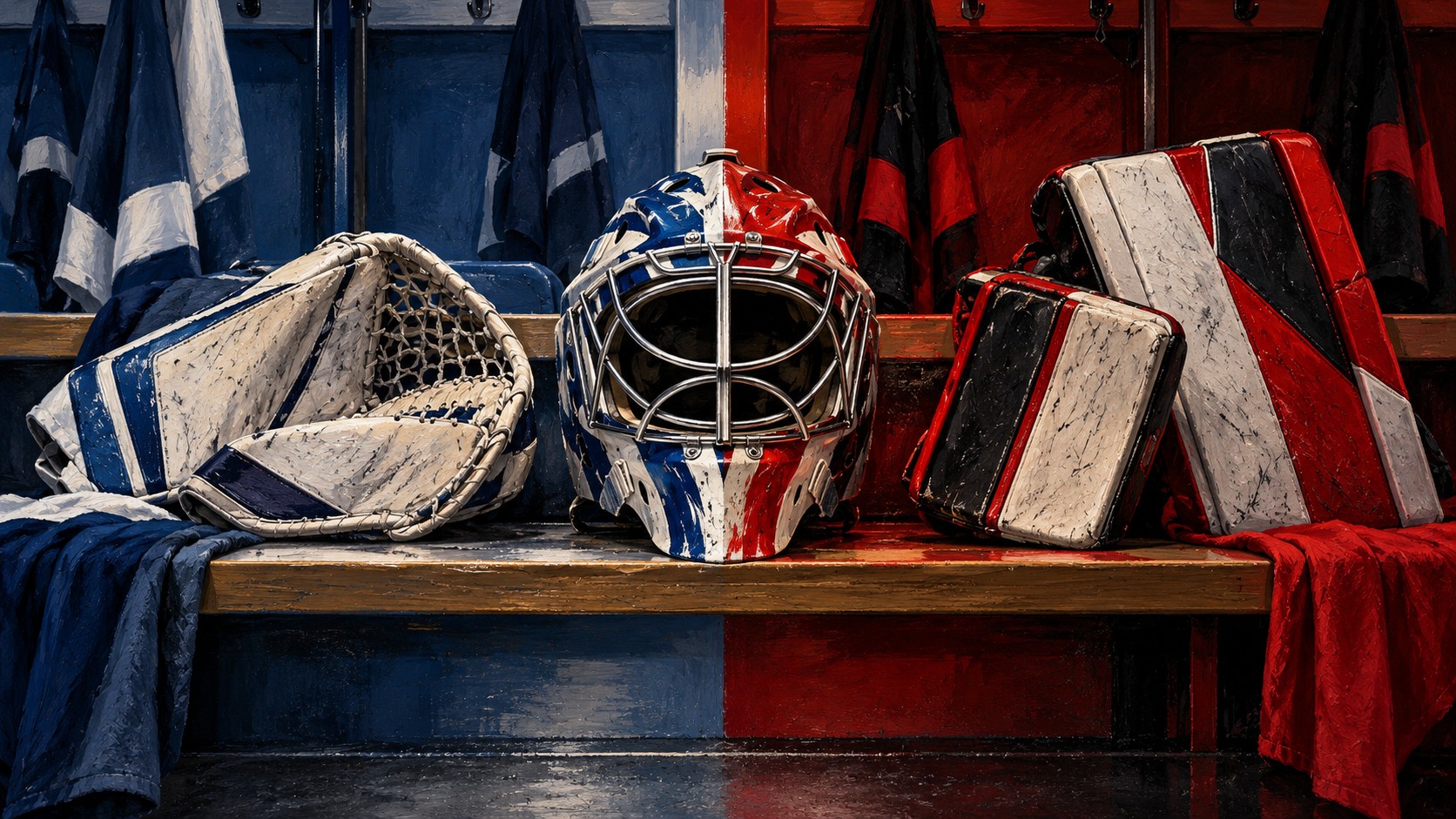 Editorial illustration of goalie equipment between contrasting hockey dressing rooms
