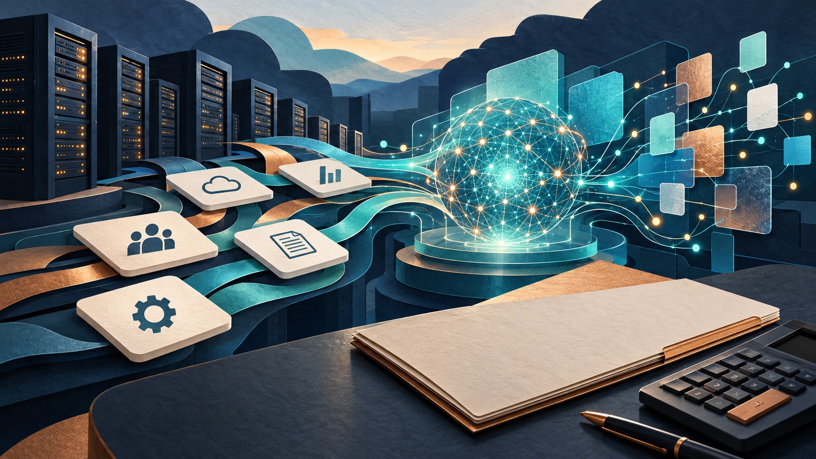 Editorial illustration of enterprise technology systems and an illuminated AI processing network.