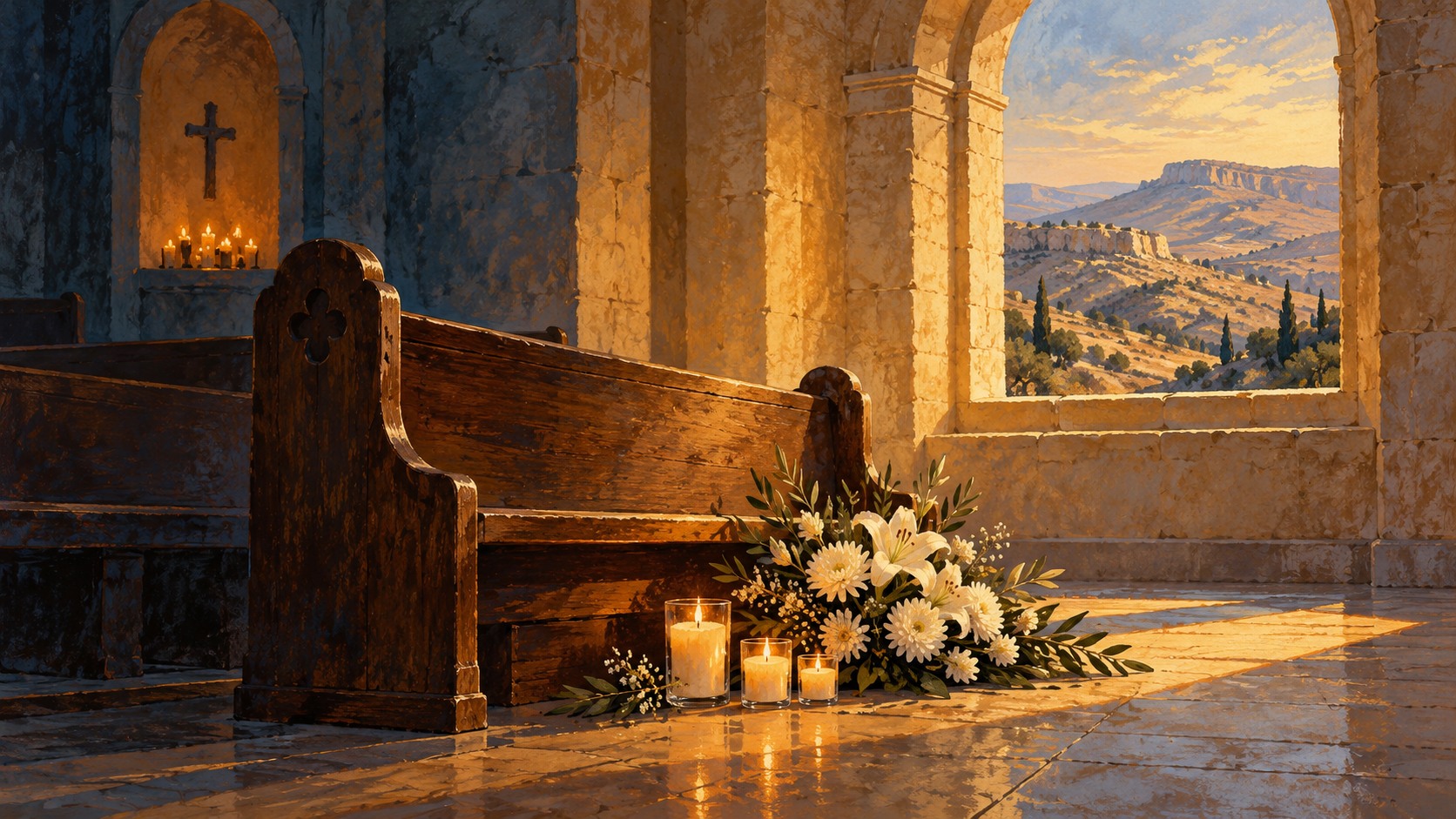 Editorial illustration of candles beside an empty church pew