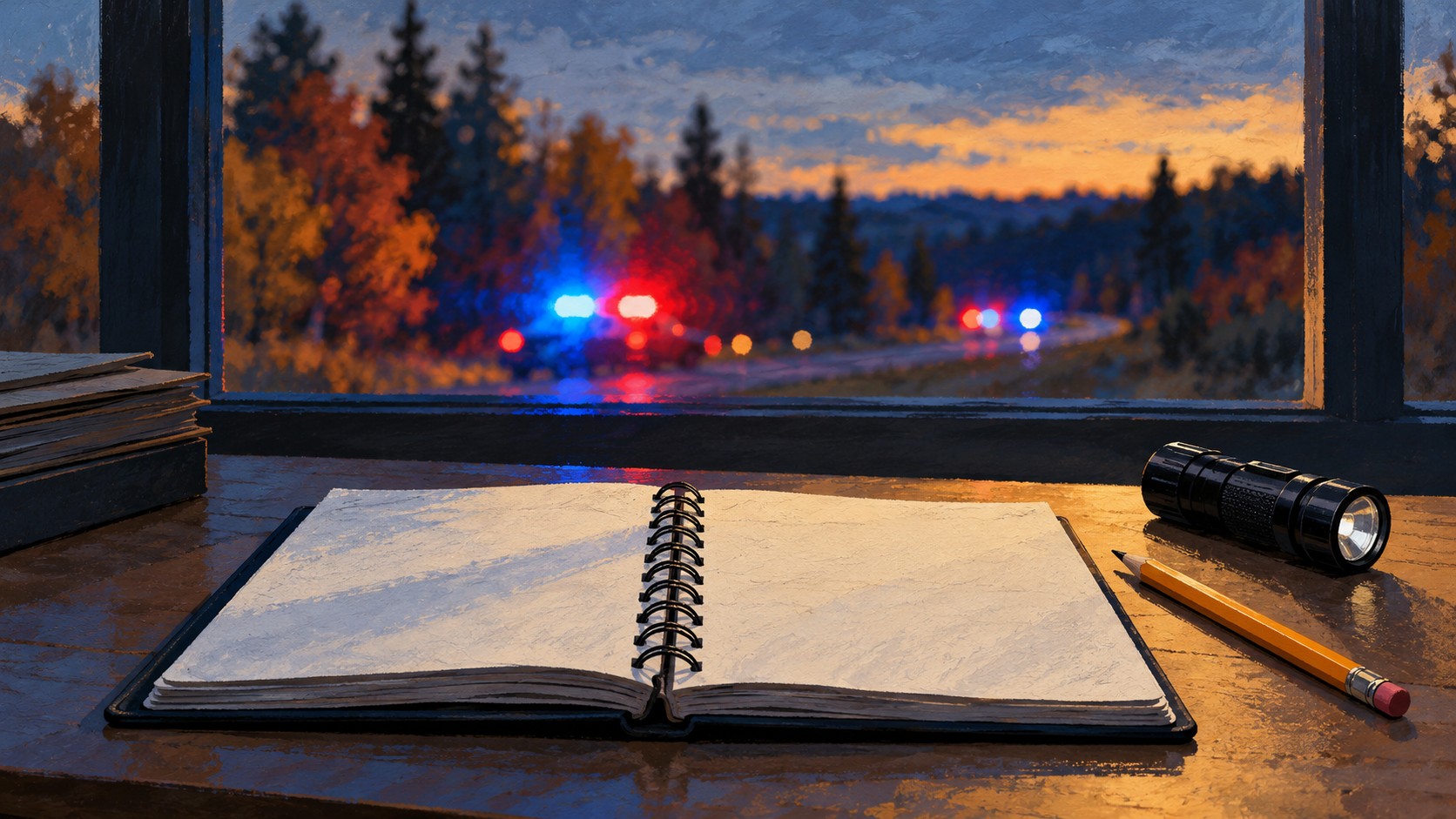 Editorial illustration of an unmarked notebook and police lights
