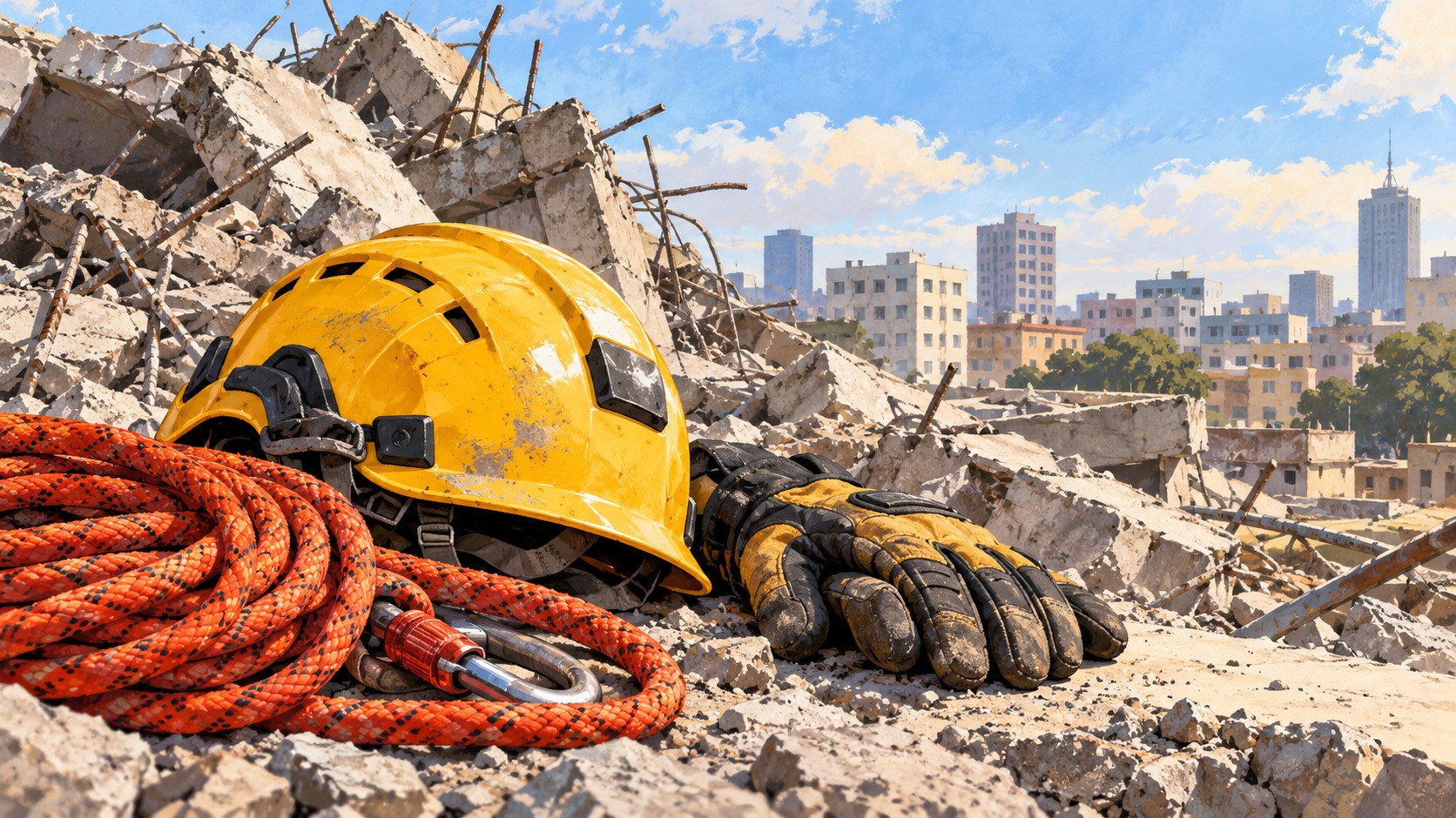 Editorial illustration of rescue equipment near construction debris