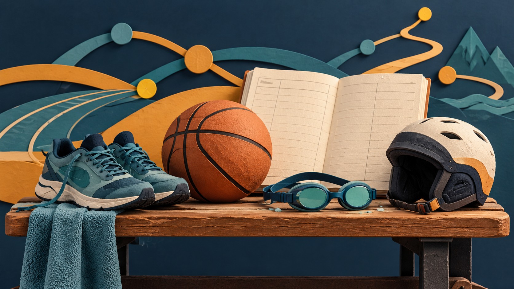 Editorial illustration of shared training equipment and a funding ledger, representing national sport support.