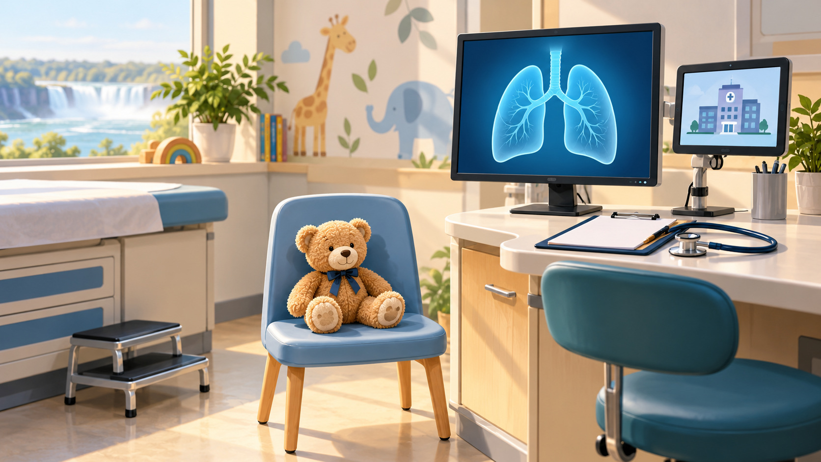 Editorial illustration of a pediatric clinic with a small chair, lung screening display and remote consultation