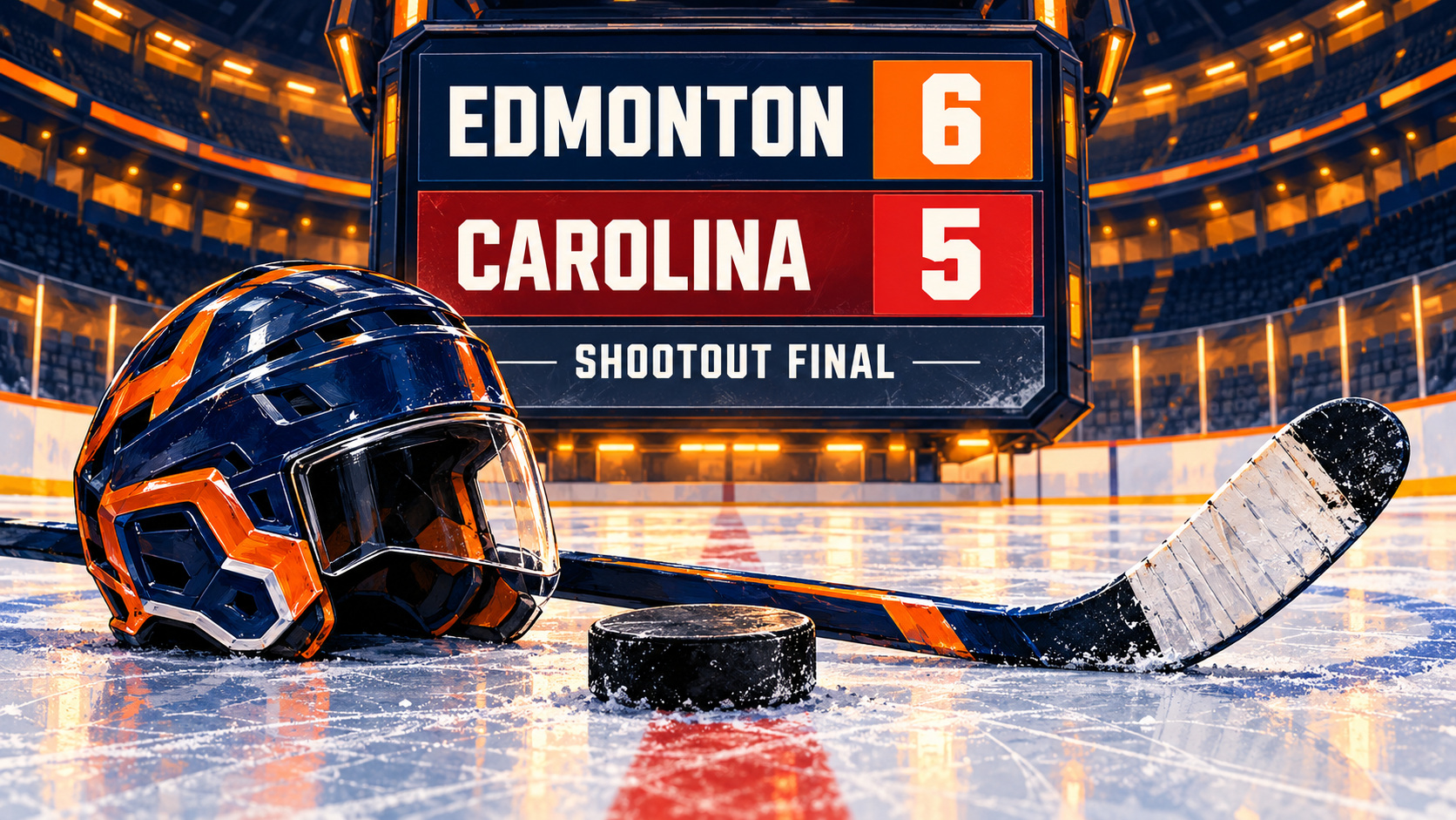 Editorial illustration of hockey equipment and a scoreboard showing Edmonton 6, Carolina 5 after a shootout; not a photograph of the game