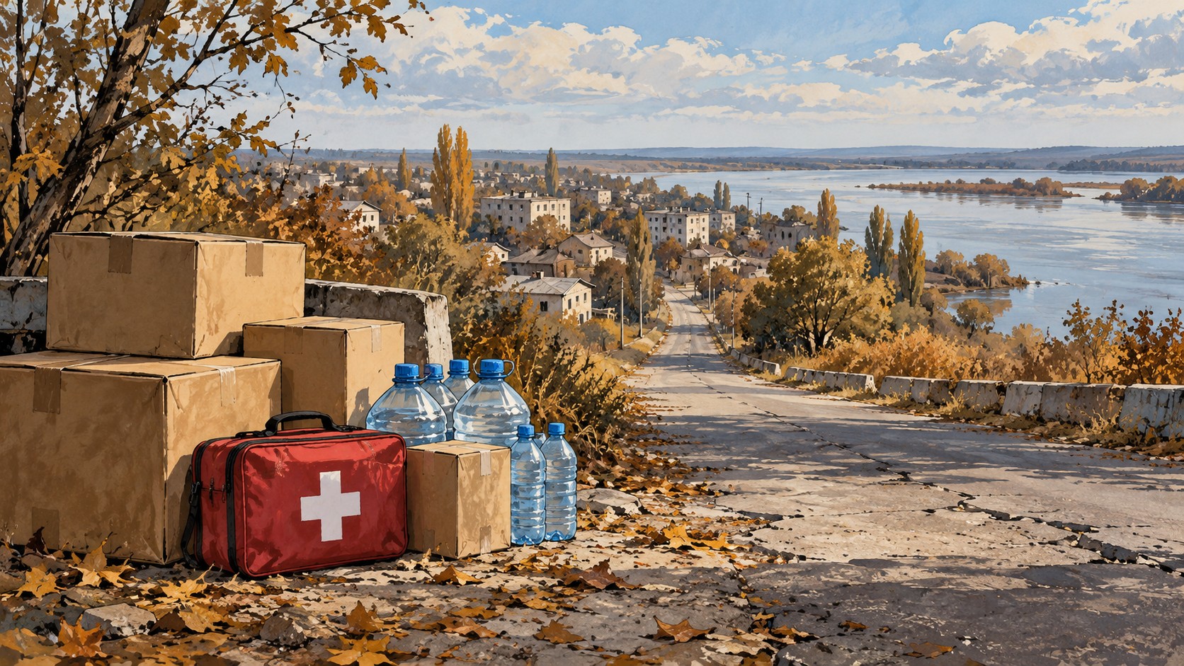 Editorial illustration of food, water and medical supplies beside a road toward a riverside town, symbolizing proposed humanitarian access