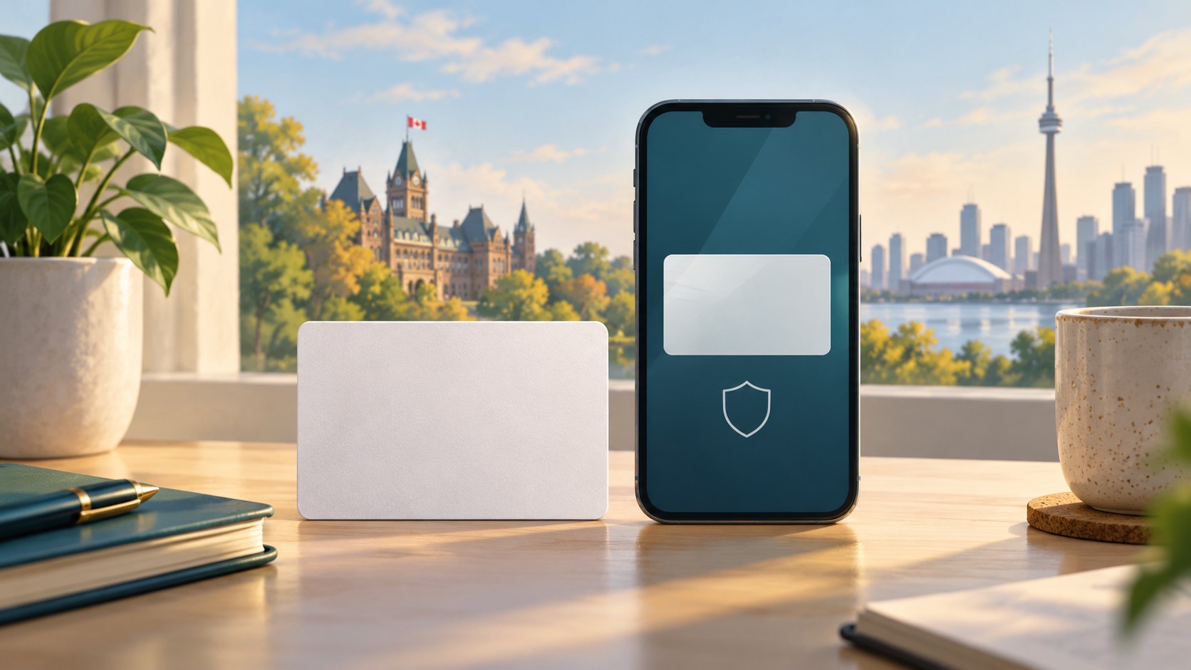 Editorial illustration of a blank physical identity card beside a phone