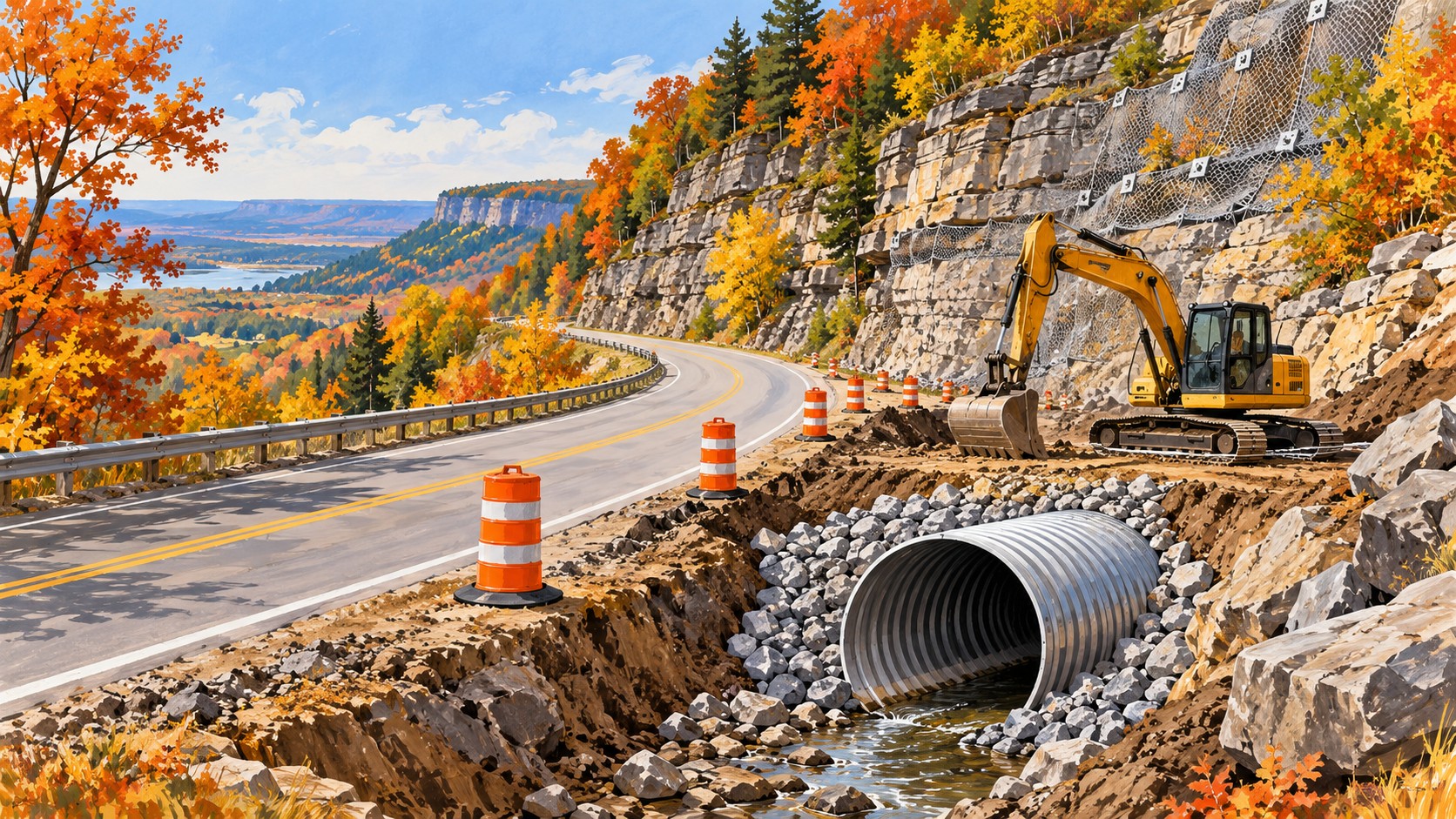 Editorial illustration of road barriers and culvert work near an escarpment
