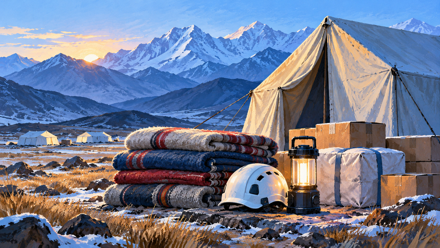 Editorial illustration of blankets, emergency supplies and temporary shelter on a cold high plateau; not a photograph of the Tibet earthquake