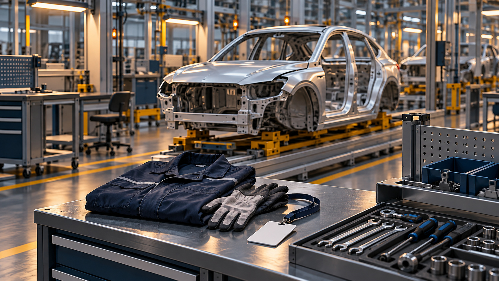Editorial illustration of an automotive workstation and assembly line