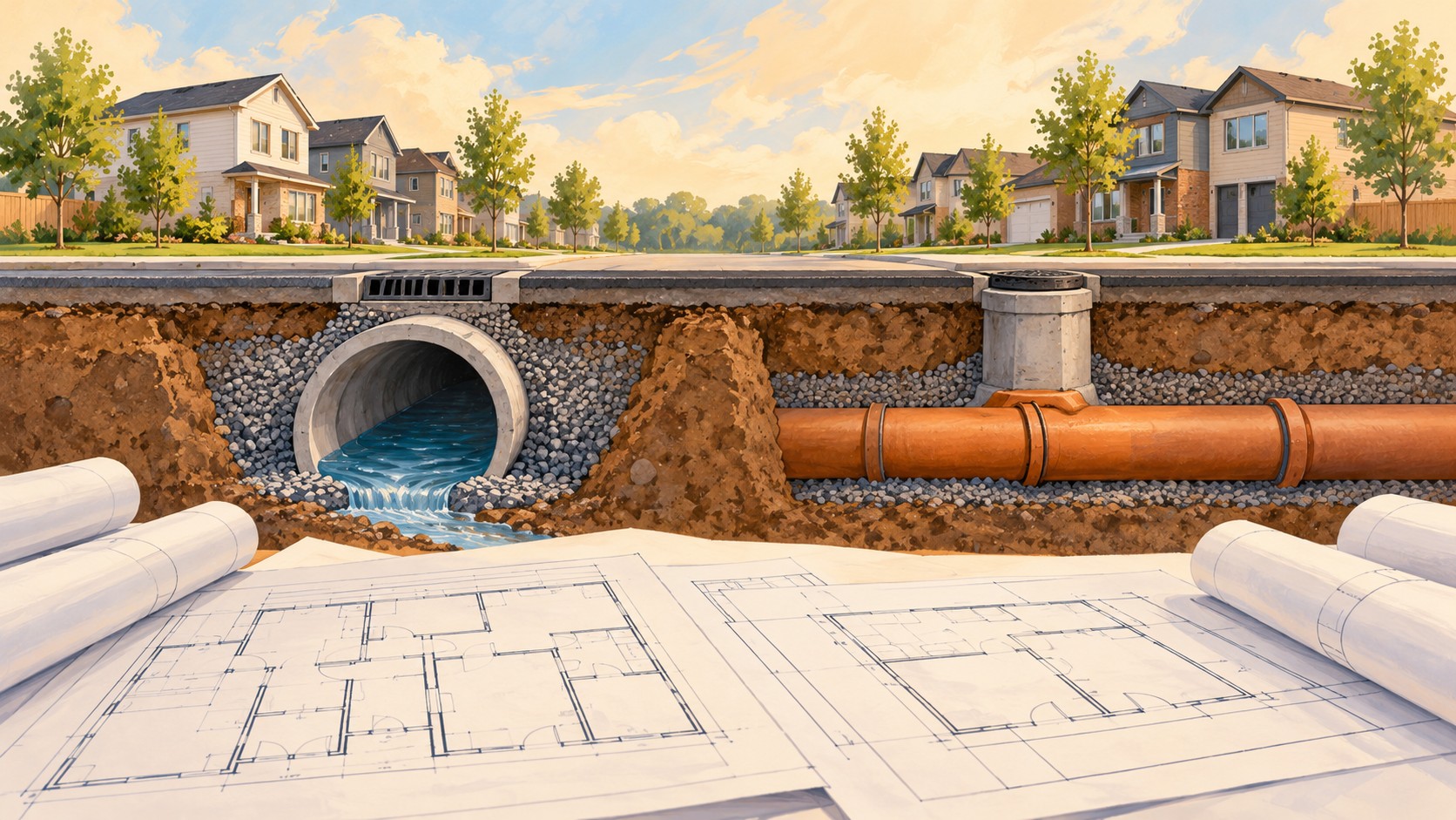 Editorial illustration of housing plans above stormwater and sewer infrastructure