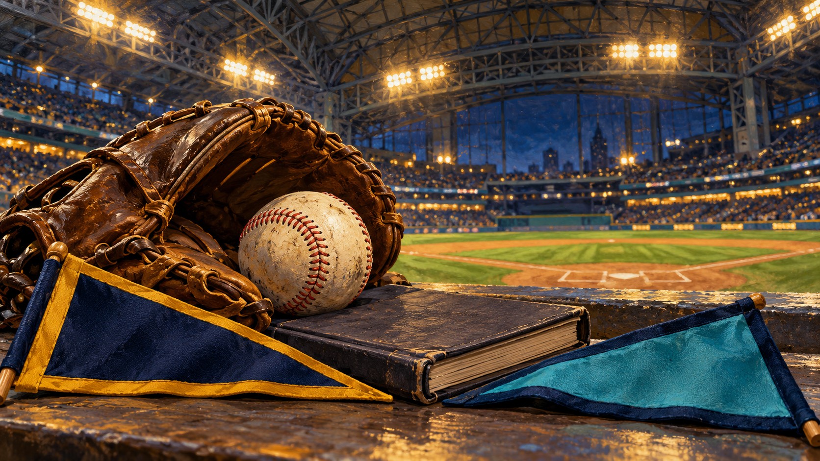 Editorial illustration of a baseball, glove and opposing navy-gold and teal fabric pennants in a roofed night ballpark