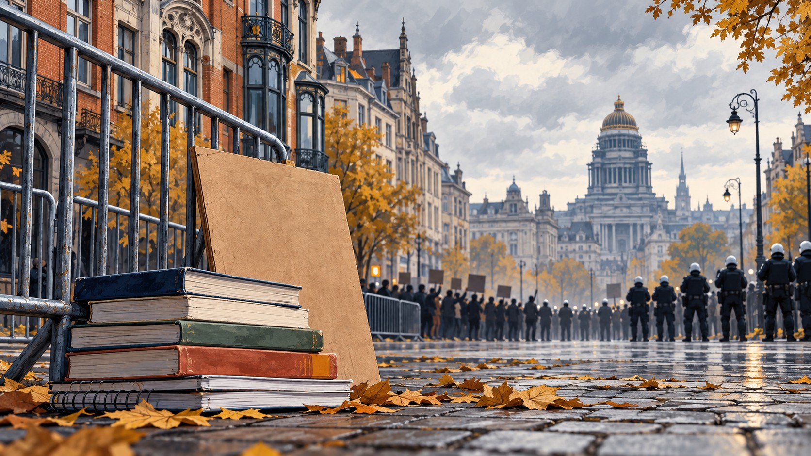 Editorial illustration of books and a blank protest placard near barriers on a Brussels street