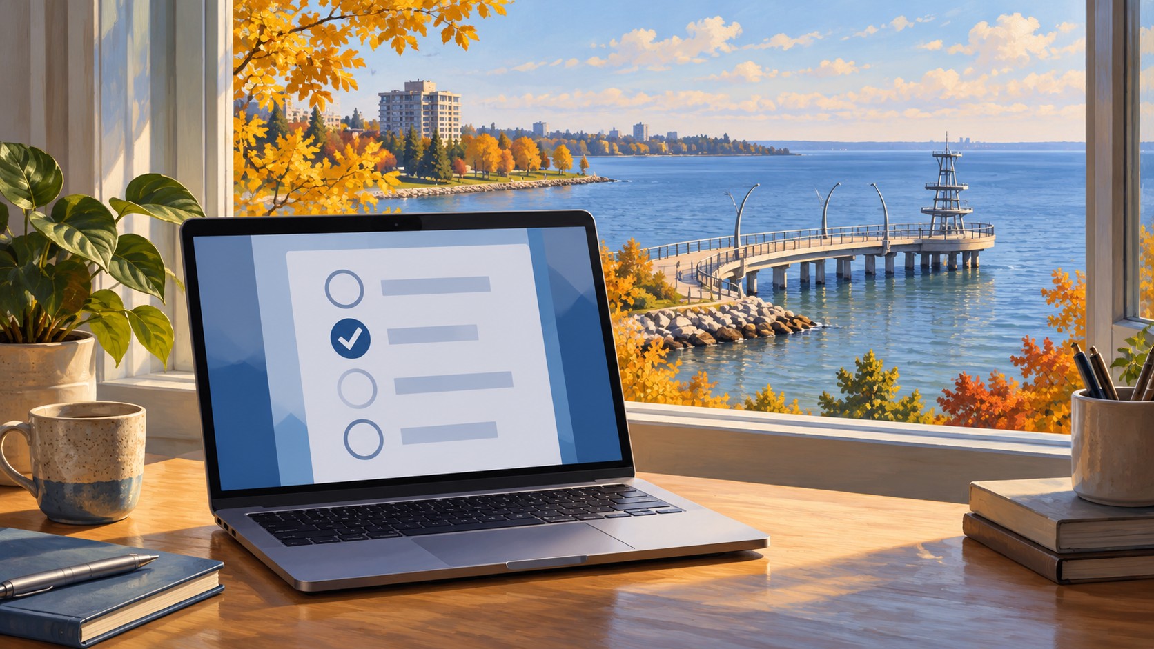 Editorial illustration of a laptop with an abstract ballot beside Burlington’s waterfront and pier.
