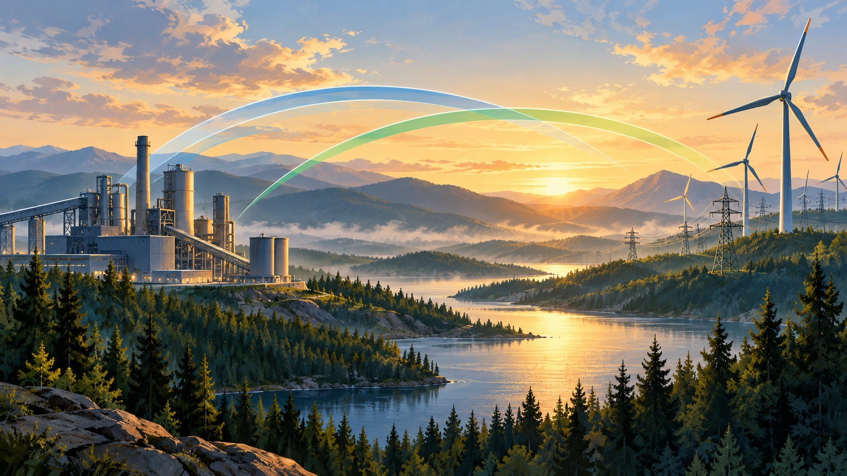 Editorial illustration of industrial facilities and clean electricity connected by abstract carbon-market pathways