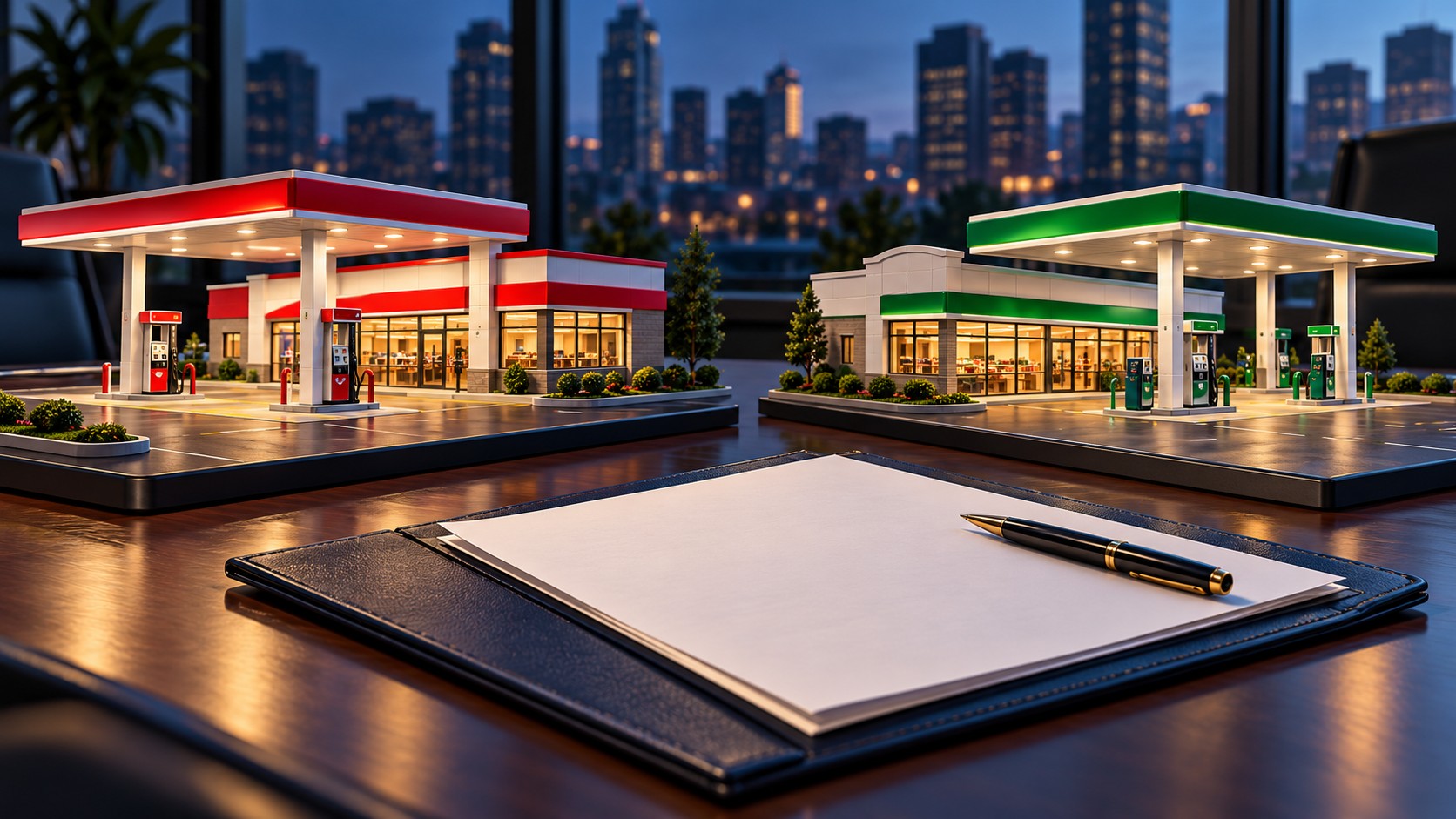 Editorial illustration of two convenience-store portfolios and an unsigned acquisition proposal