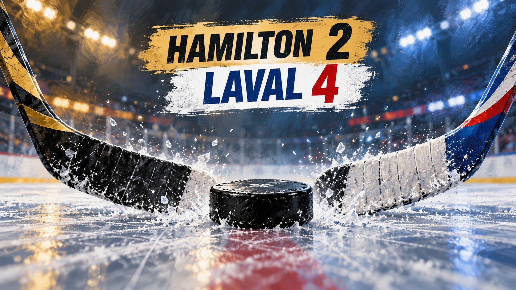 Editorial illustration of hockey sticks and a puck with the Hamilton 2, Laval 4 result