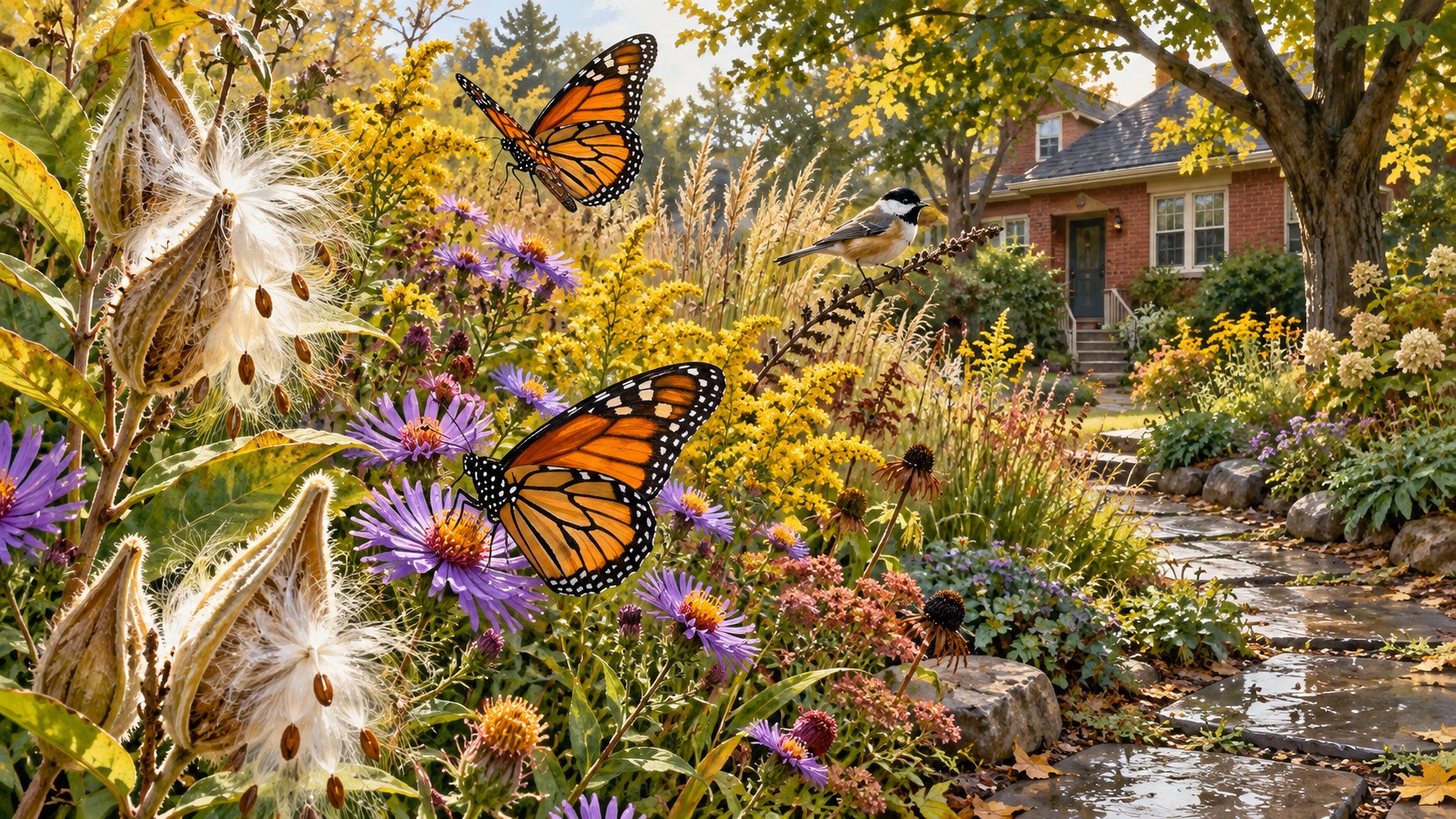 Editorial illustration of monarch butterflies, native flowers and a bird in a leafy Hamilton front garden