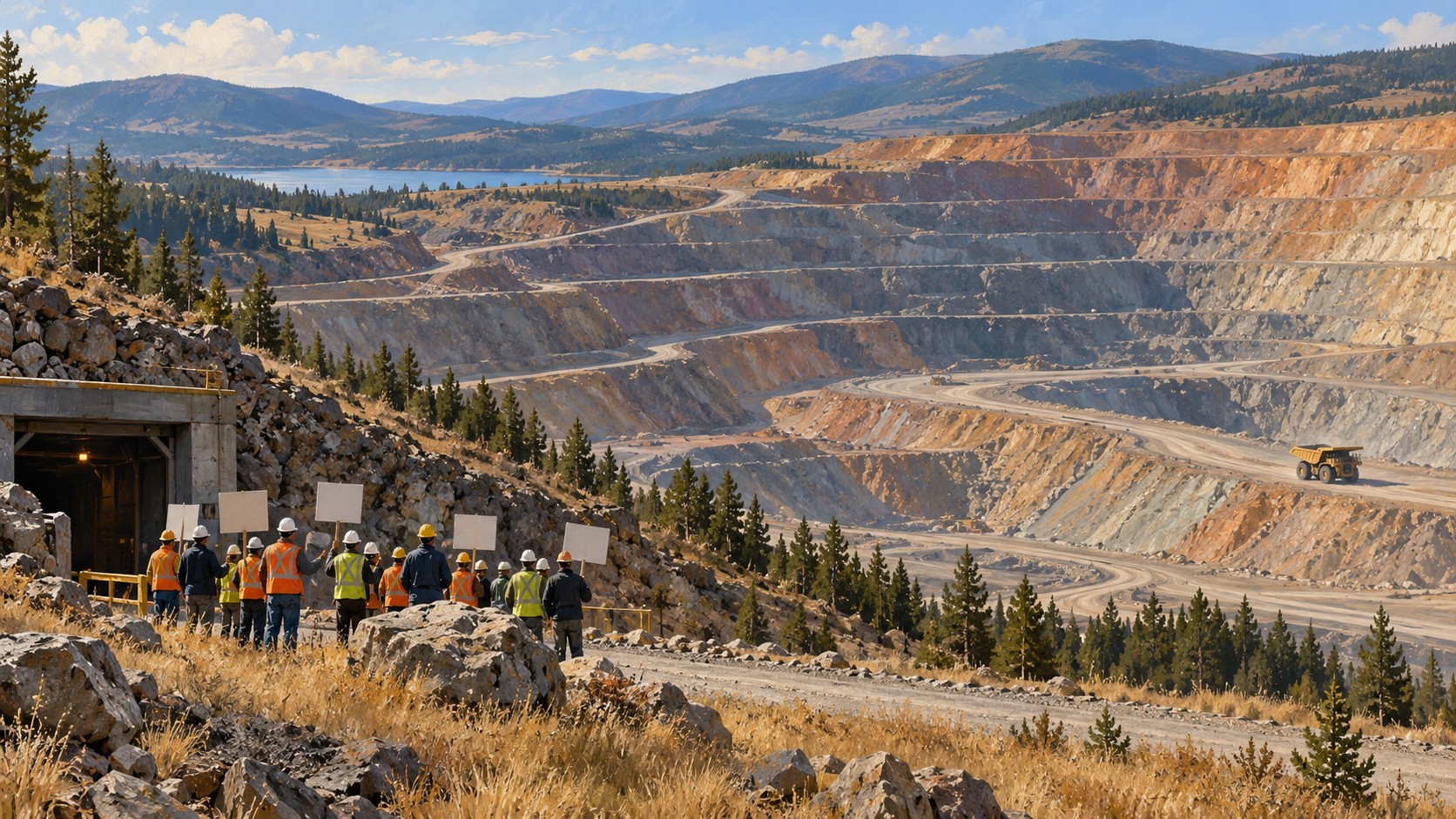 Editorial illustration of a terraced copper mine with workers carrying blank picket signs by an entrance.