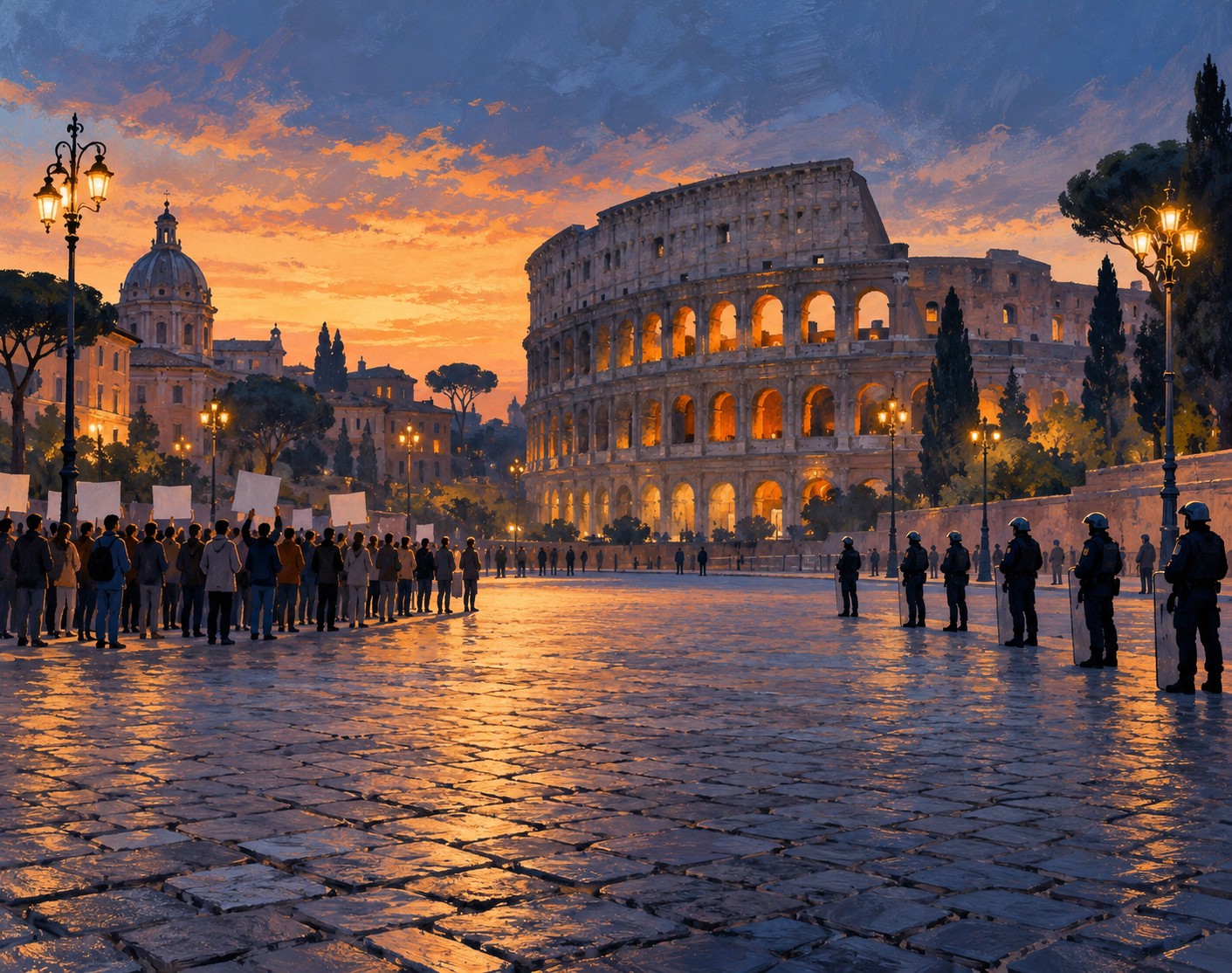 Editorial illustration of a demonstration near Rome’s Colosseum, separated from a police line by open public space.