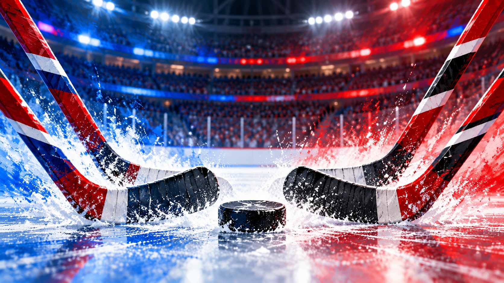 Editorial illustration of red-blue and red-black hockey sticks facing a puck on an indoor rink