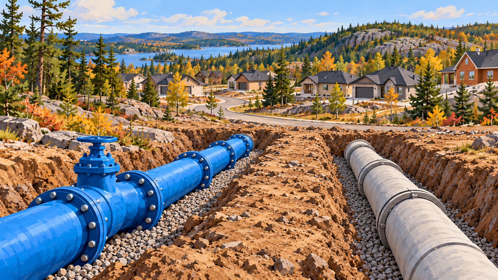 Editorial illustration of water pipes beside a northern Ontario residential development