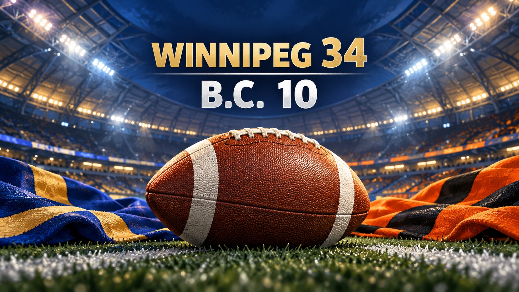 Editorial illustration of a football and blue-gold and orange-black team colours, labelled Winnipeg 34 and B.C. 10