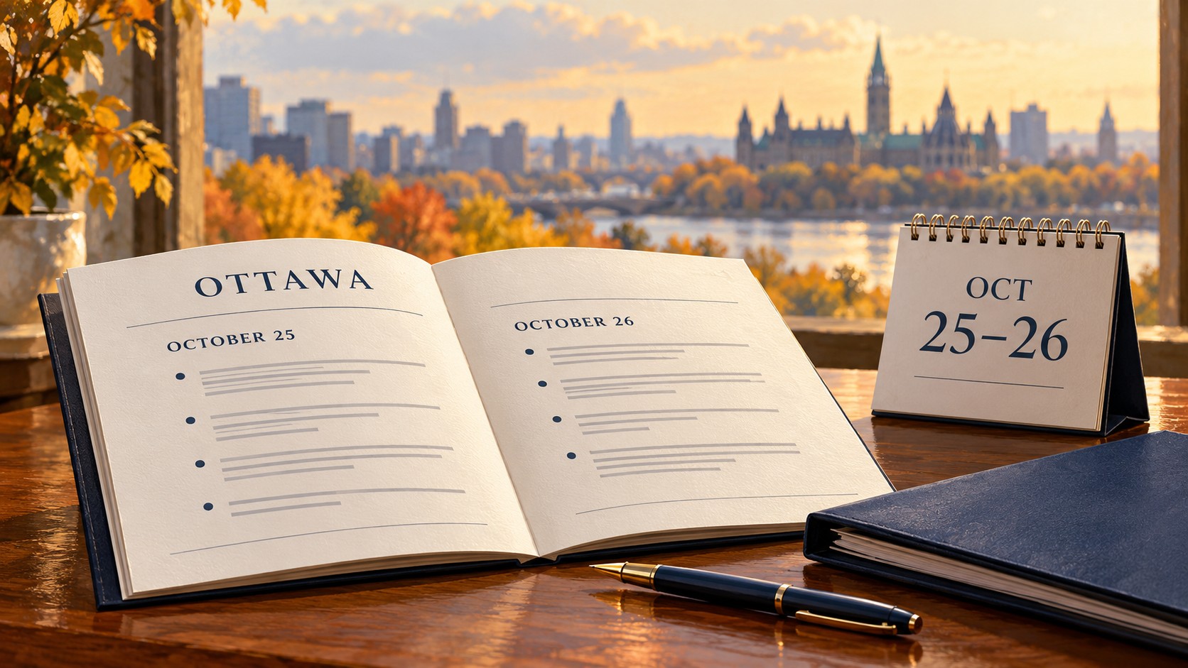 Editorial illustration of an Ottawa meeting agenda and an October 25–26 calendar, without depicting ceremony or participants.