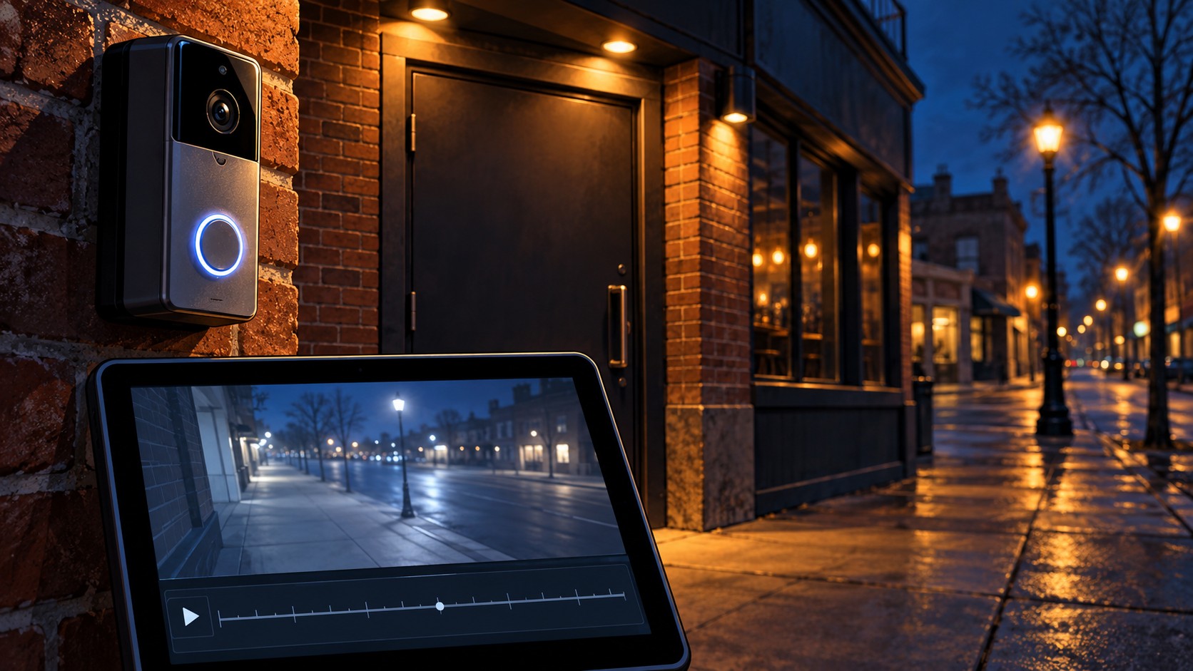 Editorial illustration of a doorbell camera and video evidence beside a bar entrance.
