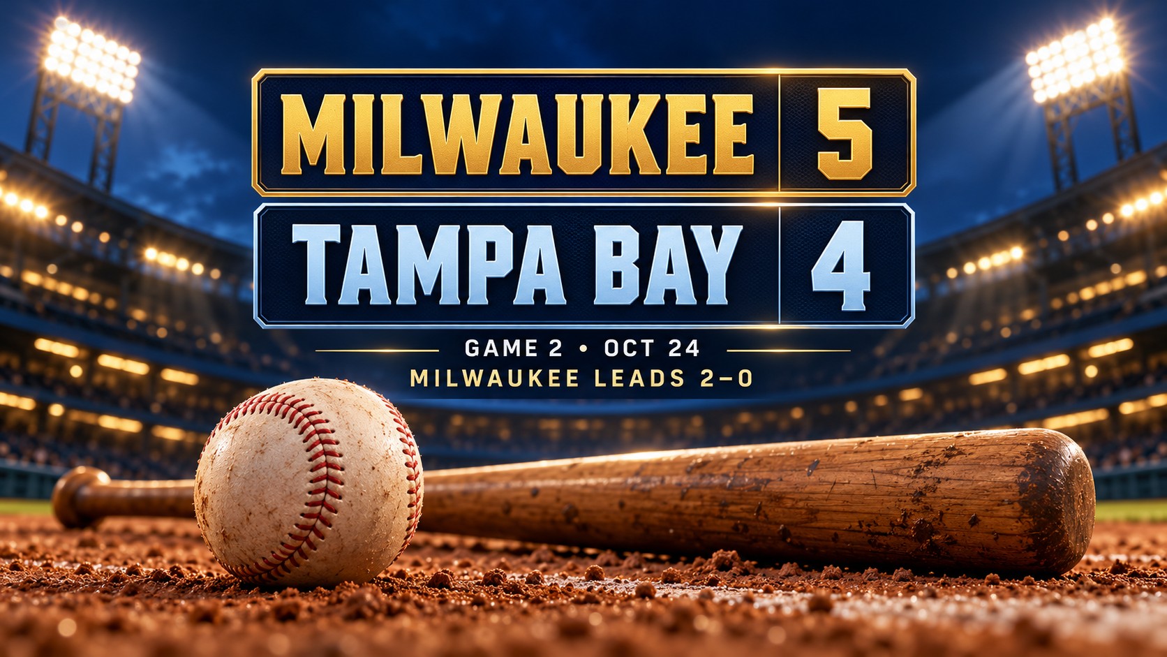 Editorial illustration of a baseball and bat with the Milwaukee 5, Tampa Bay 4 result and a 2–0 series lead.