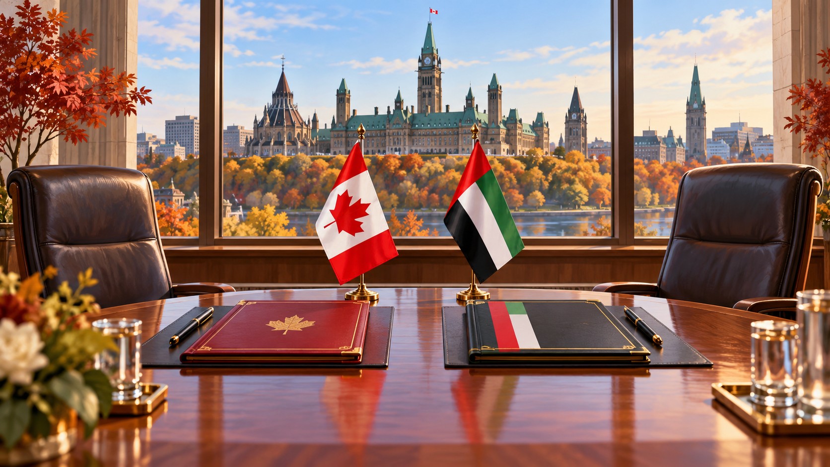 Editorial illustration of Canadian and Emirati diplomatic folders on a meeting table overlooking Ottawa.