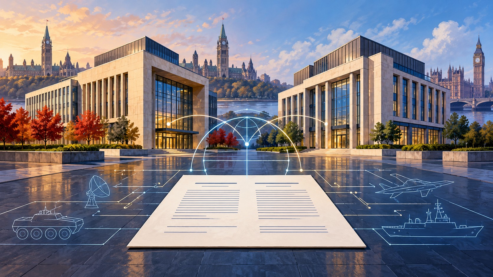 Editorial illustration of two separate institutional buildings linked by a cooperation document.