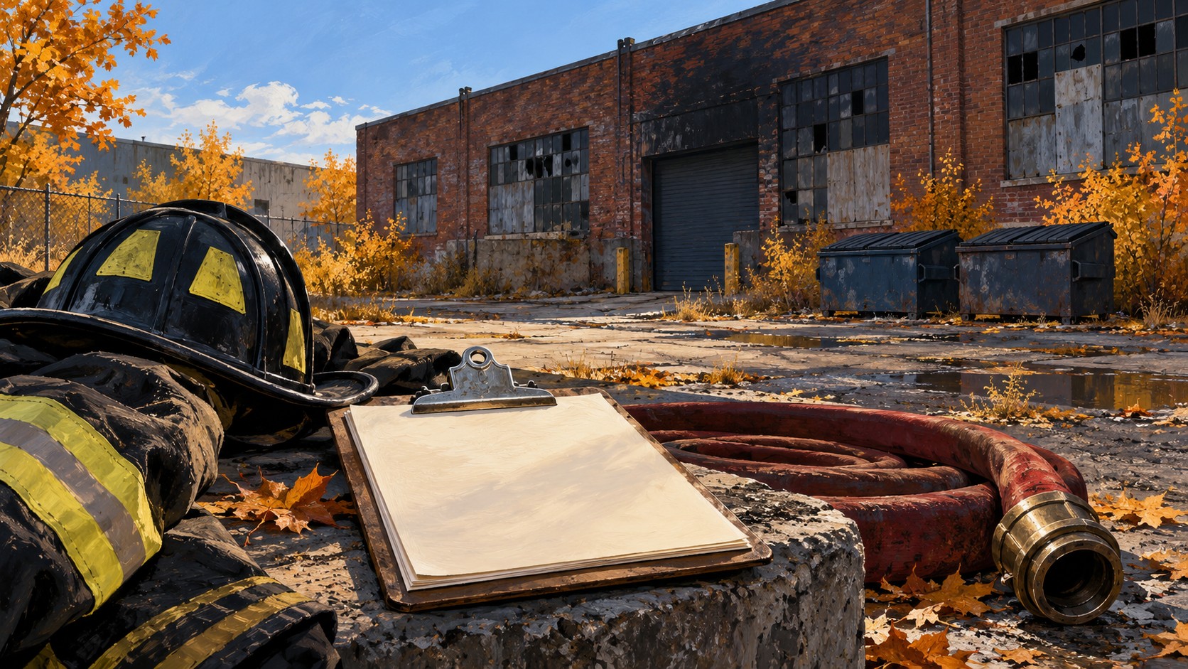 Editorial illustration of fire investigation equipment beside a vacant industrial building.