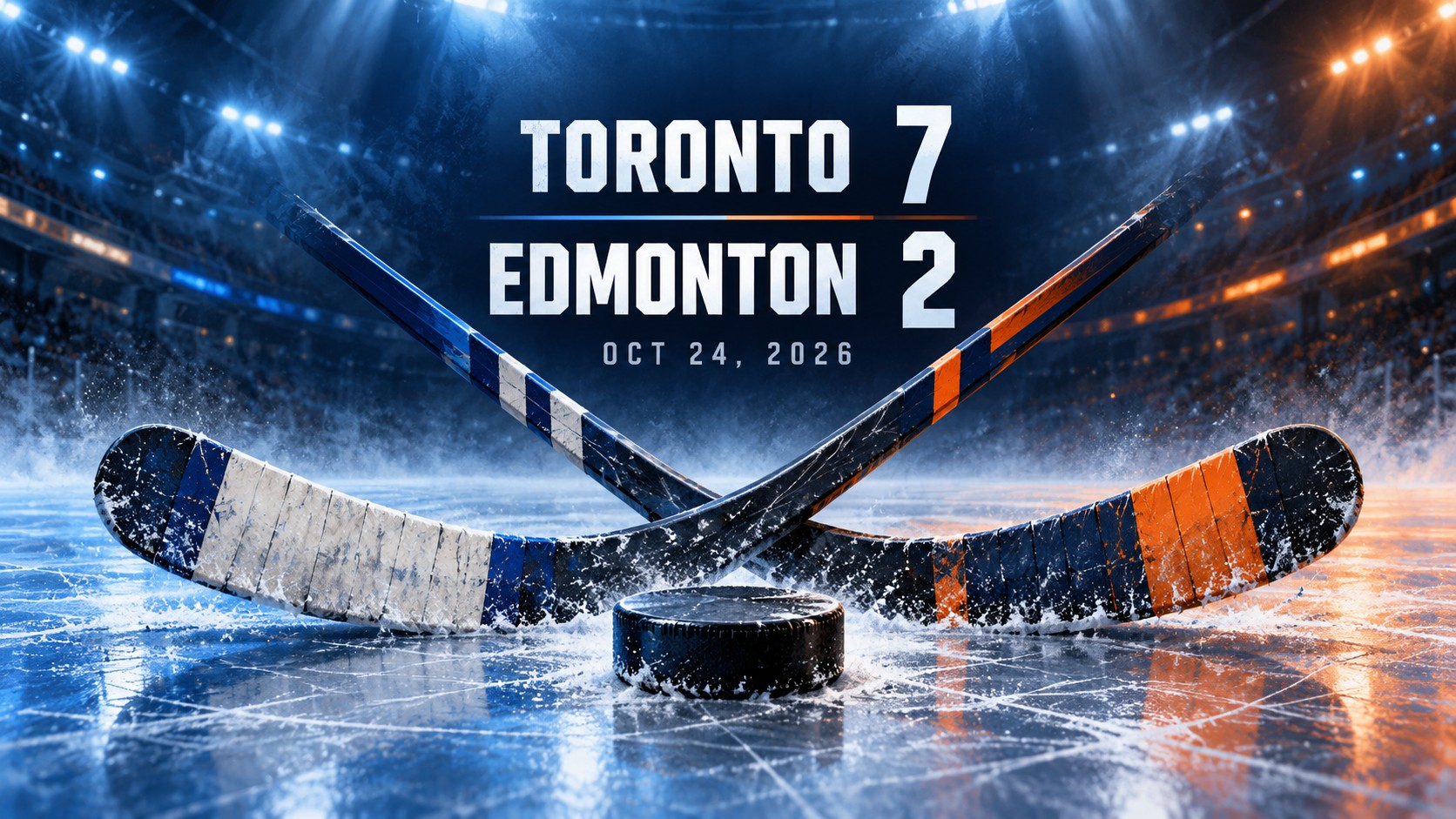 Editorial illustration of hockey sticks and puck with the Toronto 7, Edmonton 2 result.