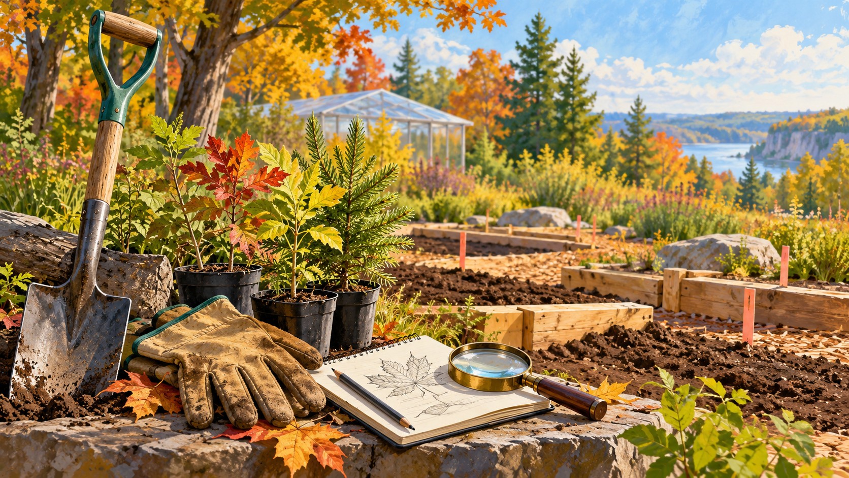 Editorial illustration of garden construction, saplings and nature-learning materials; conceptual scene, not the project design.