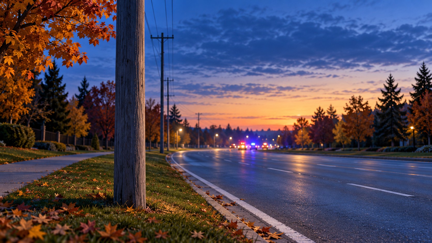 Editorial illustration of a roadway, utility pole and distant emergency lights at dawn.