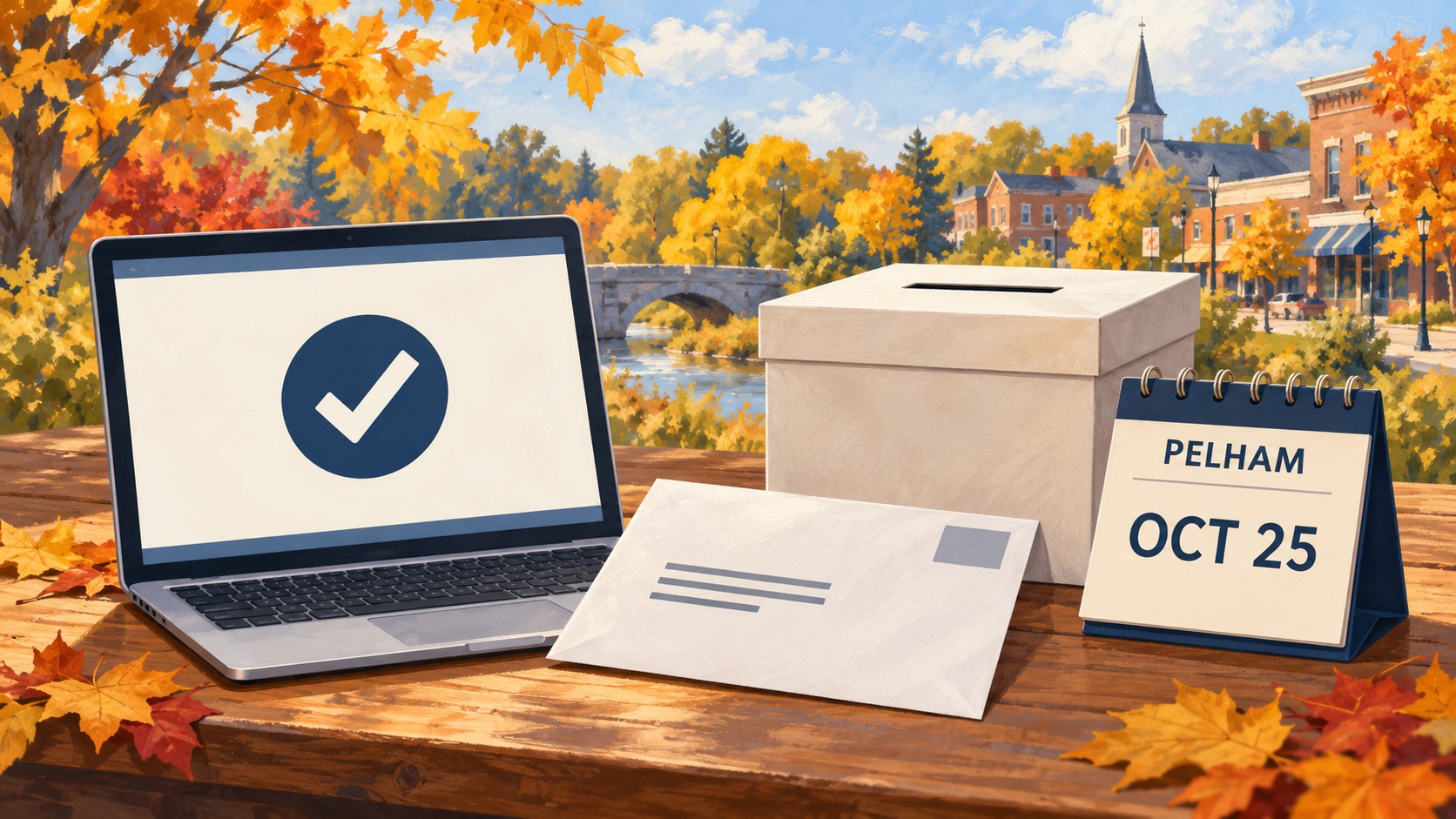 Editorial illustration of a laptop, voter information envelope and ballot box marking Pelham’s October 25 online voting deadline.