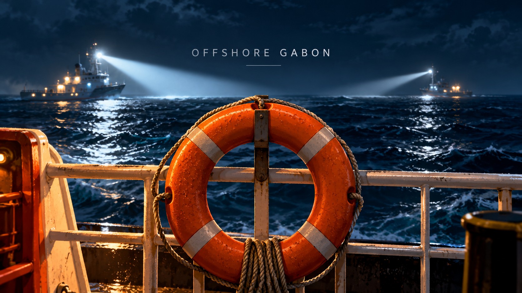 Editorial illustration of a lifebuoy and offshore search lights at night, symbolizing the search off Gabon.