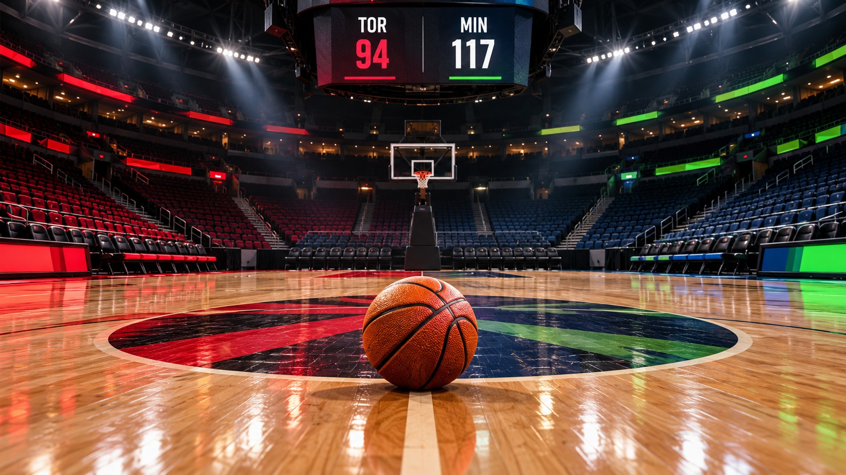 Editorial illustration of a basketball and an indoor court reflecting Toronto’s game in Minnesota.