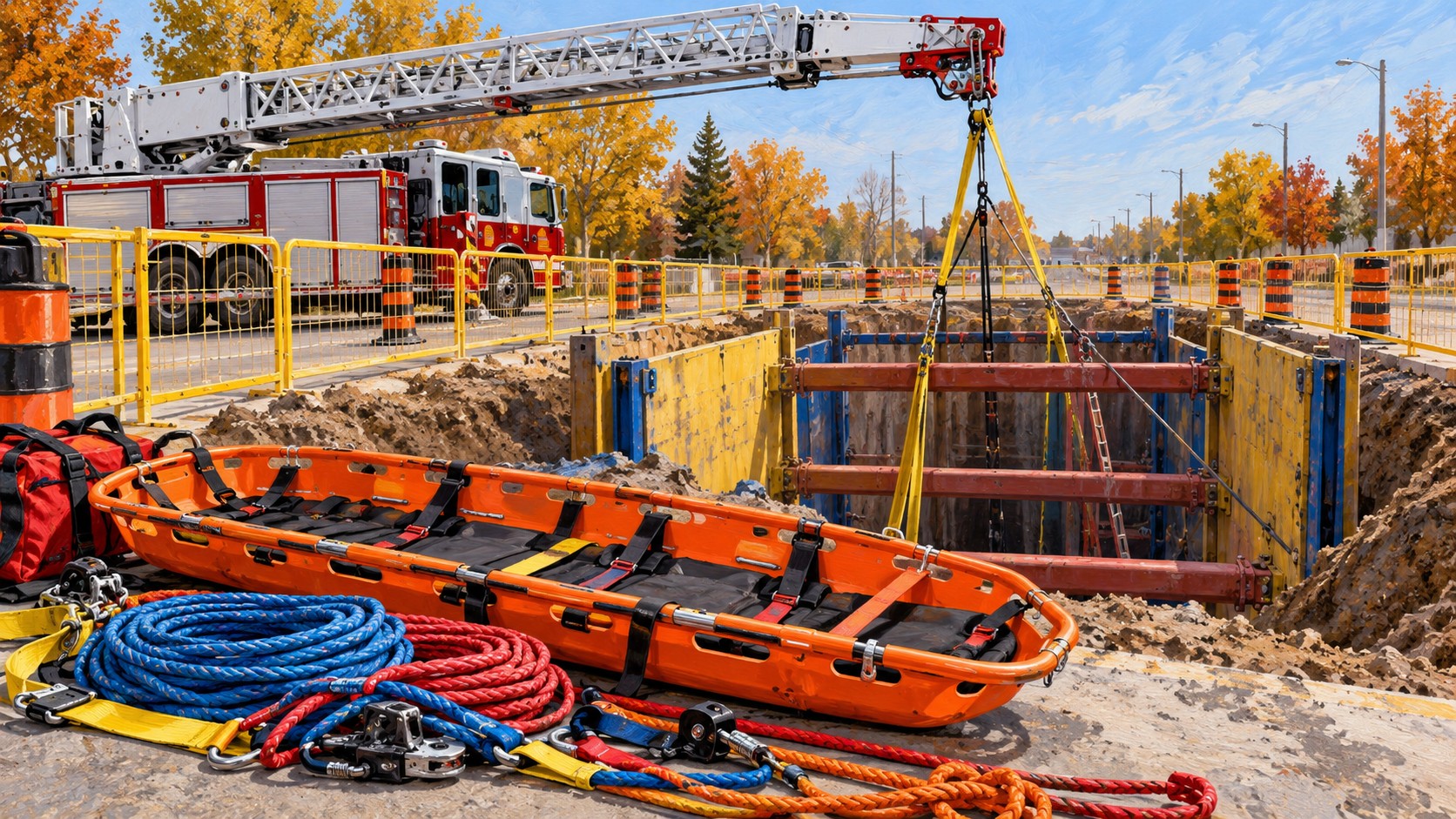 Editorial illustration of a rescue basket and rope equipment beside a protected excavation.