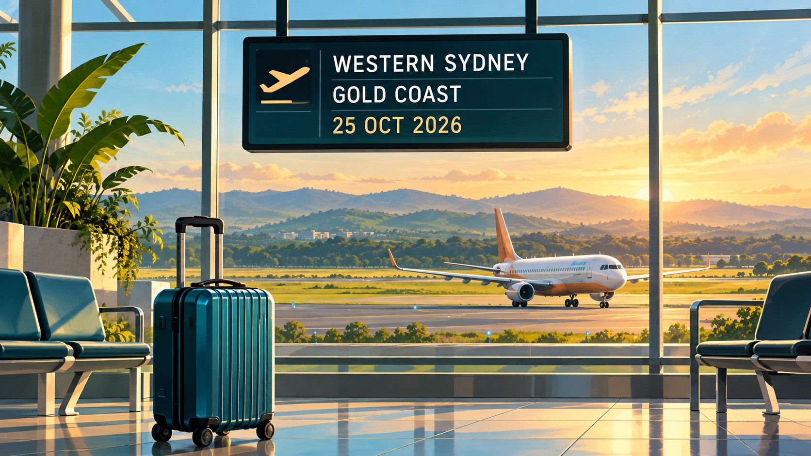 Editorial illustration of airport luggage, an aircraft and a Western Sydney–Gold Coast departure display marking October 25, 2026.