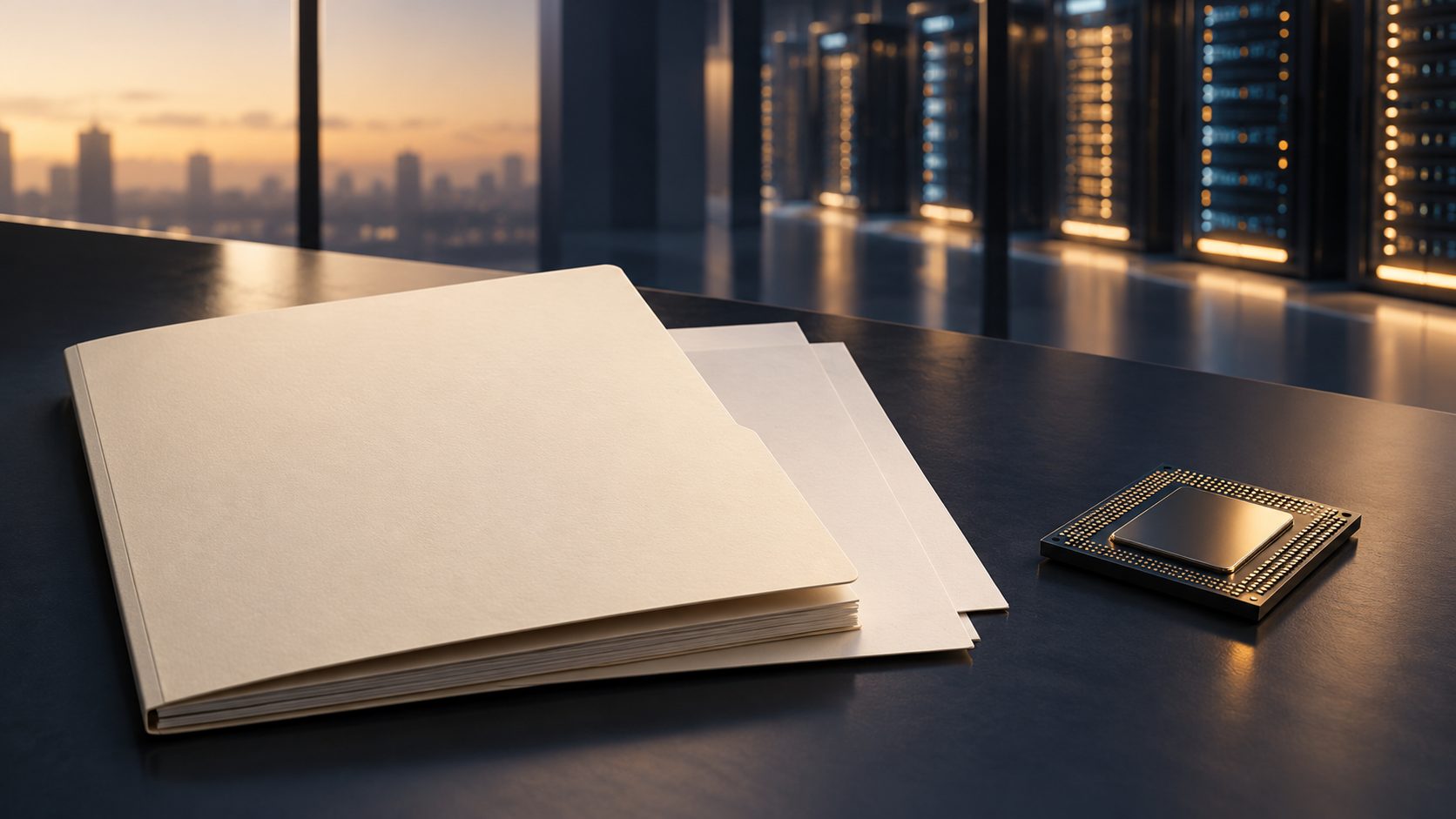 Editorial illustration of prospectus papers and computing infrastructure; not a company facility