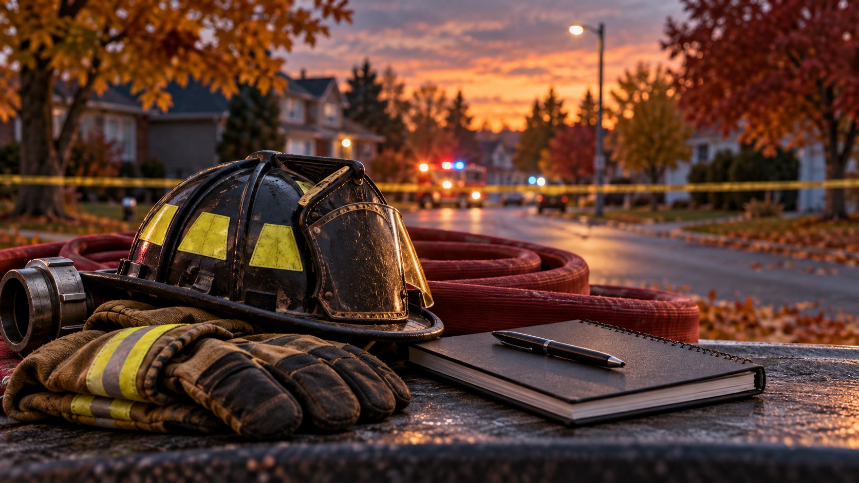 Editorial illustration of fire-investigation equipment and a residential street; not the actual Barrie scene